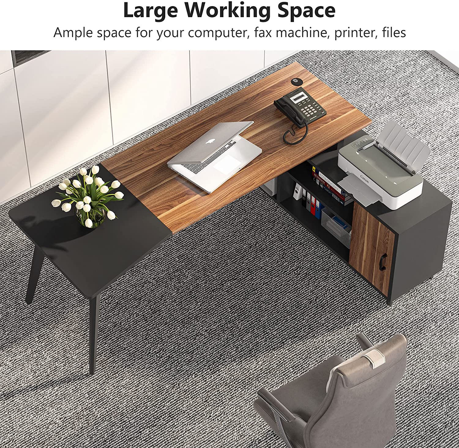 Industrial L-Shaped Desk, 200 cm Executive Office Desk with File Cabinet