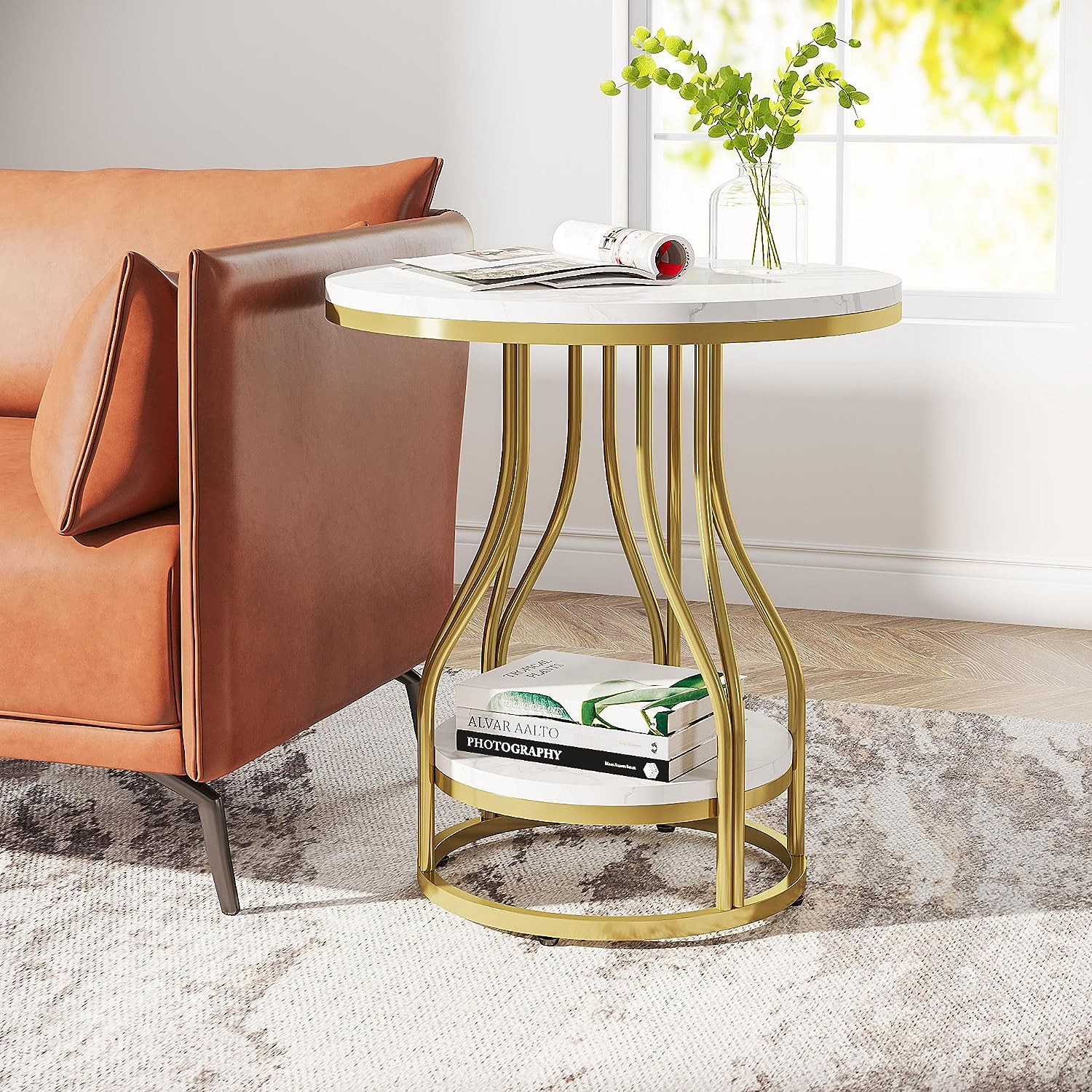 2-Tier End Table, Round Sofa Side Table with Metal Frame