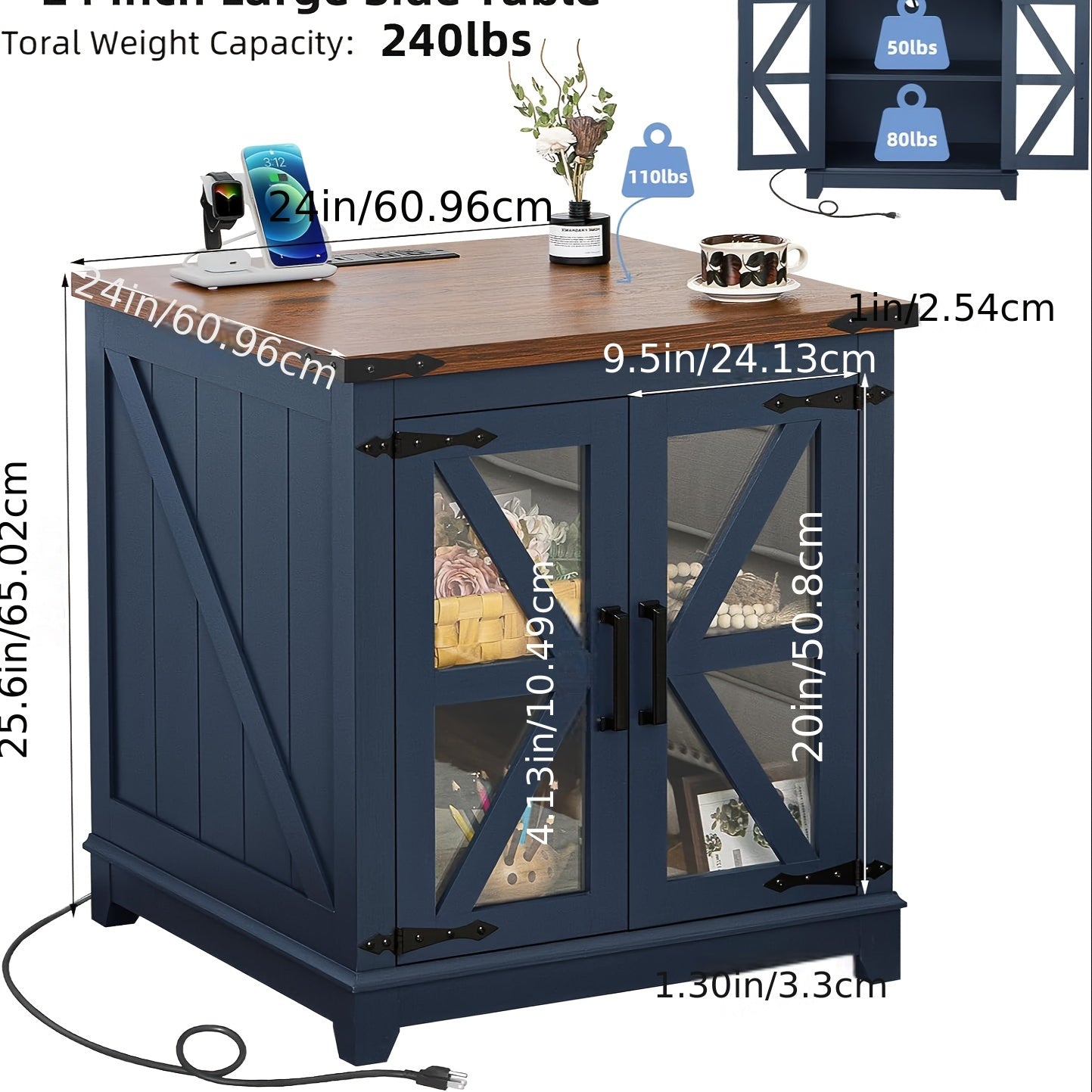 Farmhouse End Table, 60cm Large Sofa Side Table With Charging Station Glass Barn Door, Wood Nightstand With Adjustable Storage Shelf, Square Bedside Table For Living Room, Bedroom, Office-Blue