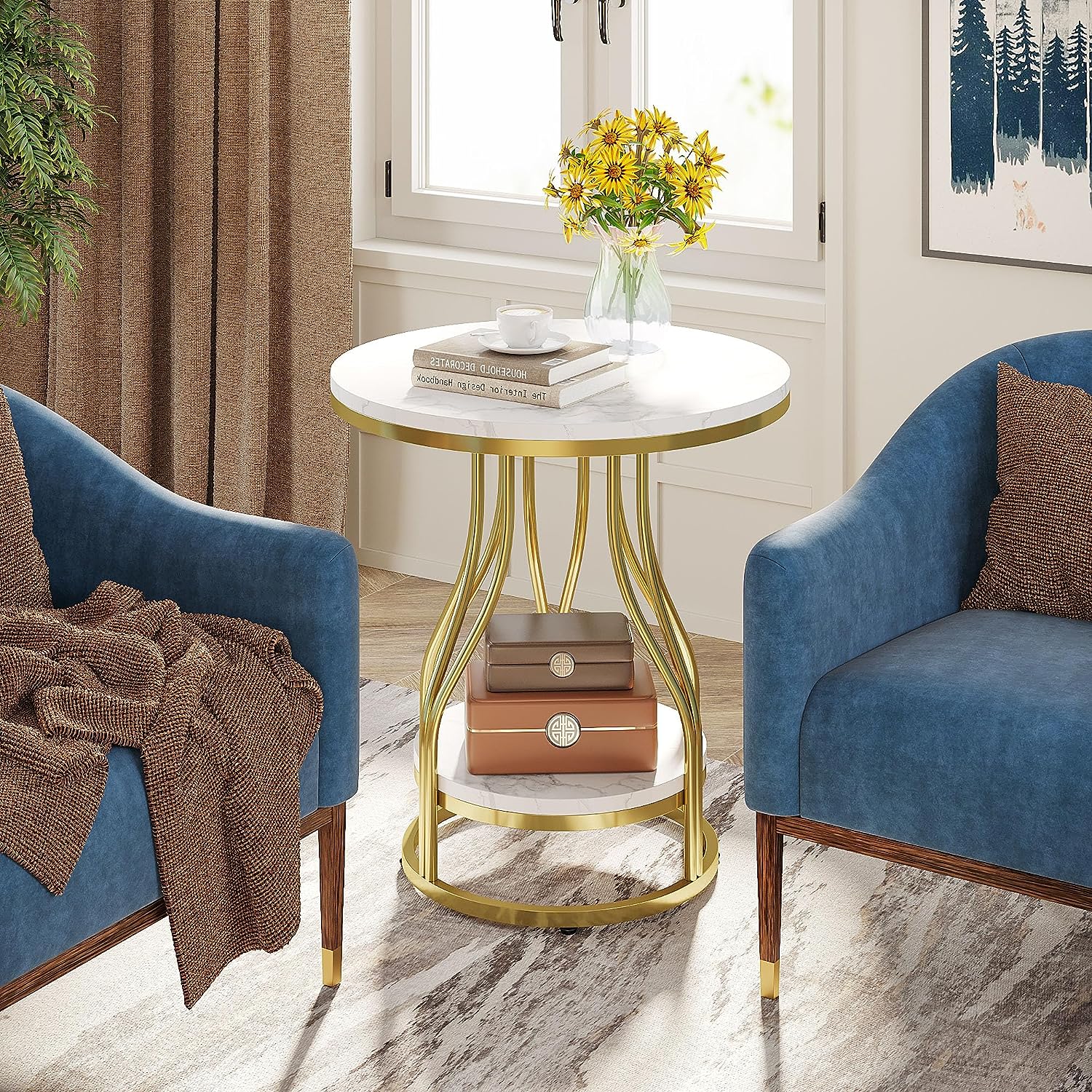 2-Tier End Table, Round Sofa Side Table with Metal Frame