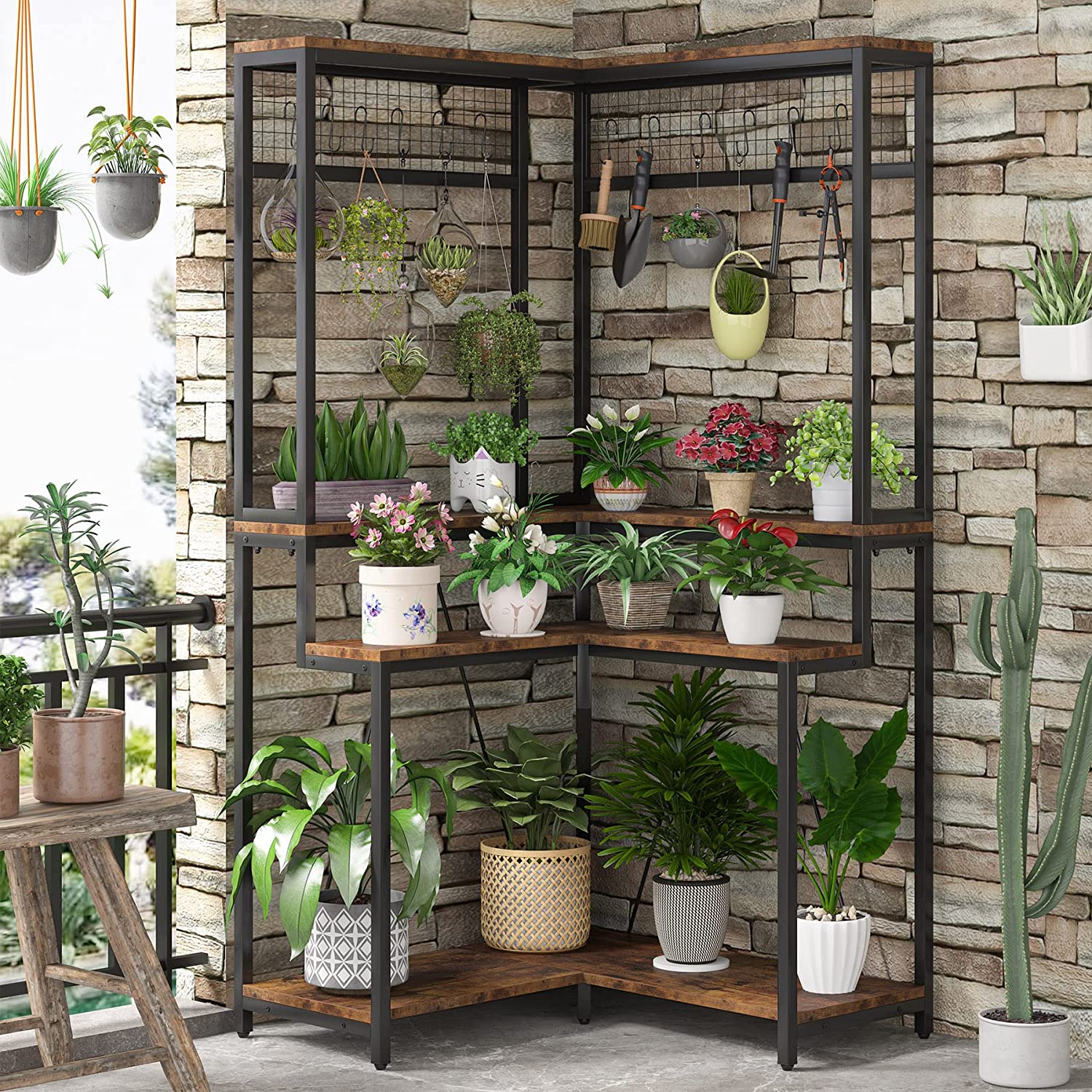 Corner Plant Stand, 170 cm Tall Flower Shelf with 15 Hanging Hooks