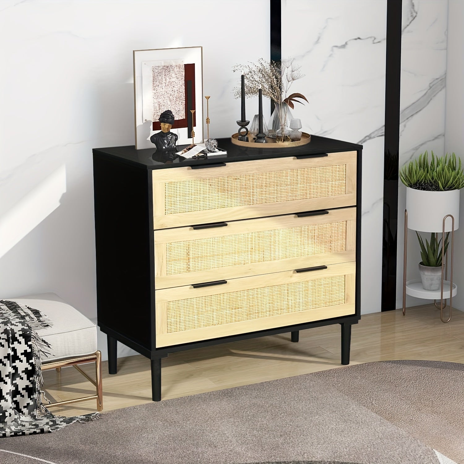 3 Drawer, Rattan Dresser Modern Closet Dressers Chest Of Drawers, Wood Black Storage Chest For Kids, Hallway, Living Room