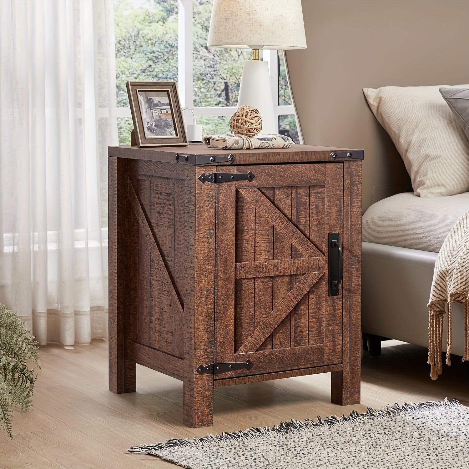 Nightstand w/Charging Station, 46cm Farmhouse End Table w/Barn Door and Adjustable Storage Shelf, Rustic Wood Sofa Side Table w/Magnetic Door for Living Room, Bedroom