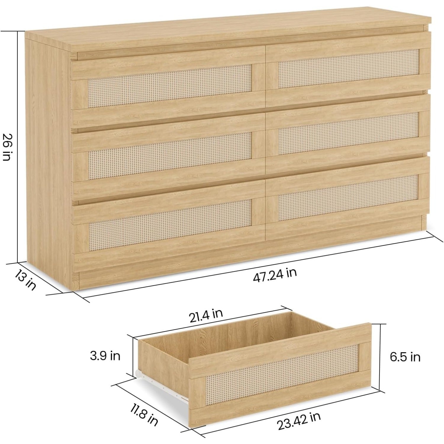 Rattan Dresser for Bedroom, 6 Drawer Double Dresser for Bedroom with Smooth Mental Slide, Modern Wood Chest of Drawers for Bedroom, Living Room, Hallway, Natural