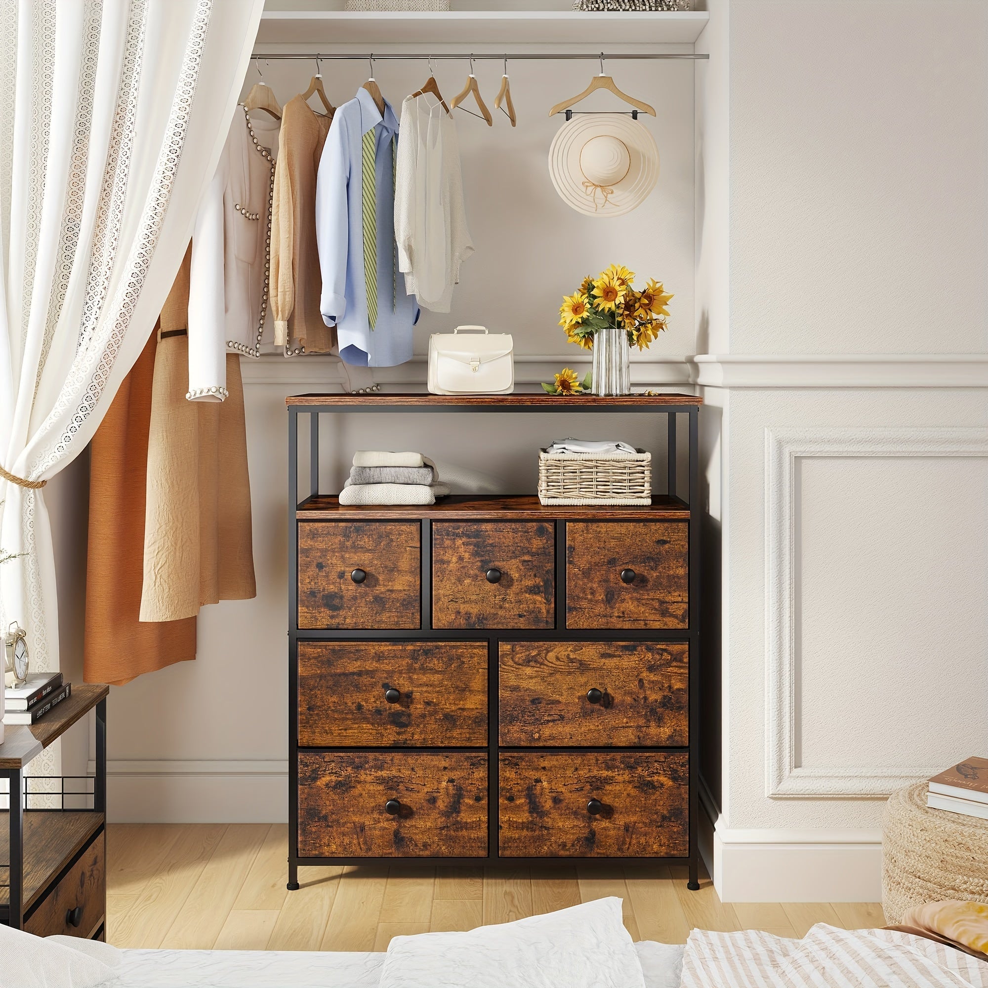 Dresser For Bedroom, Dressers & Chest Of Drawers For Closet, 7 Drawers Rustic Dresser With Open Wooden Shelves For Bedroom, Closet, Living Room, Easy Assembly & Pull, Rustic Brown