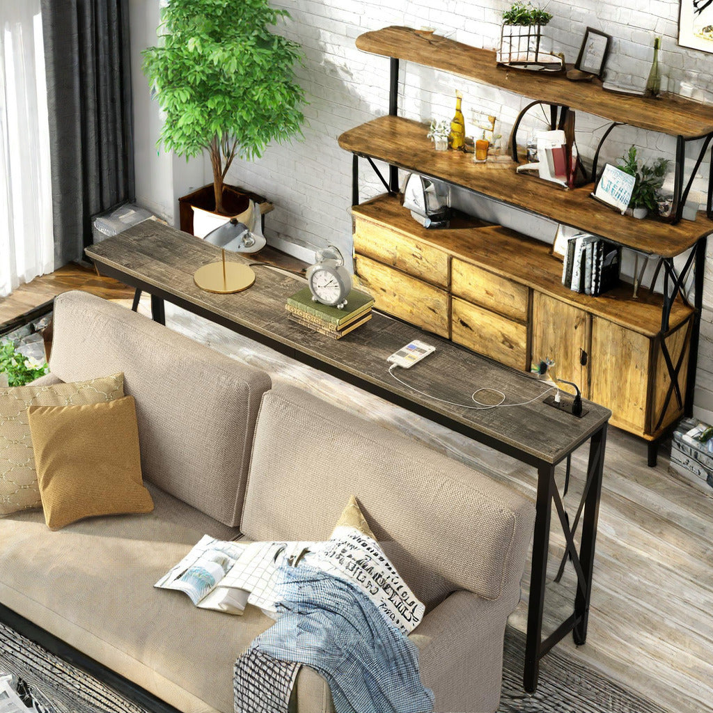 Console Table with Power Outlet, Sofa Table with Charging Station, Narrow Entryway Table, Skinny Hallway Table, Behind Couch Table 100 x 30/20, 140 x 30/20, 180 x 30/20 Farmhouse Table Behind Sofa Couch H