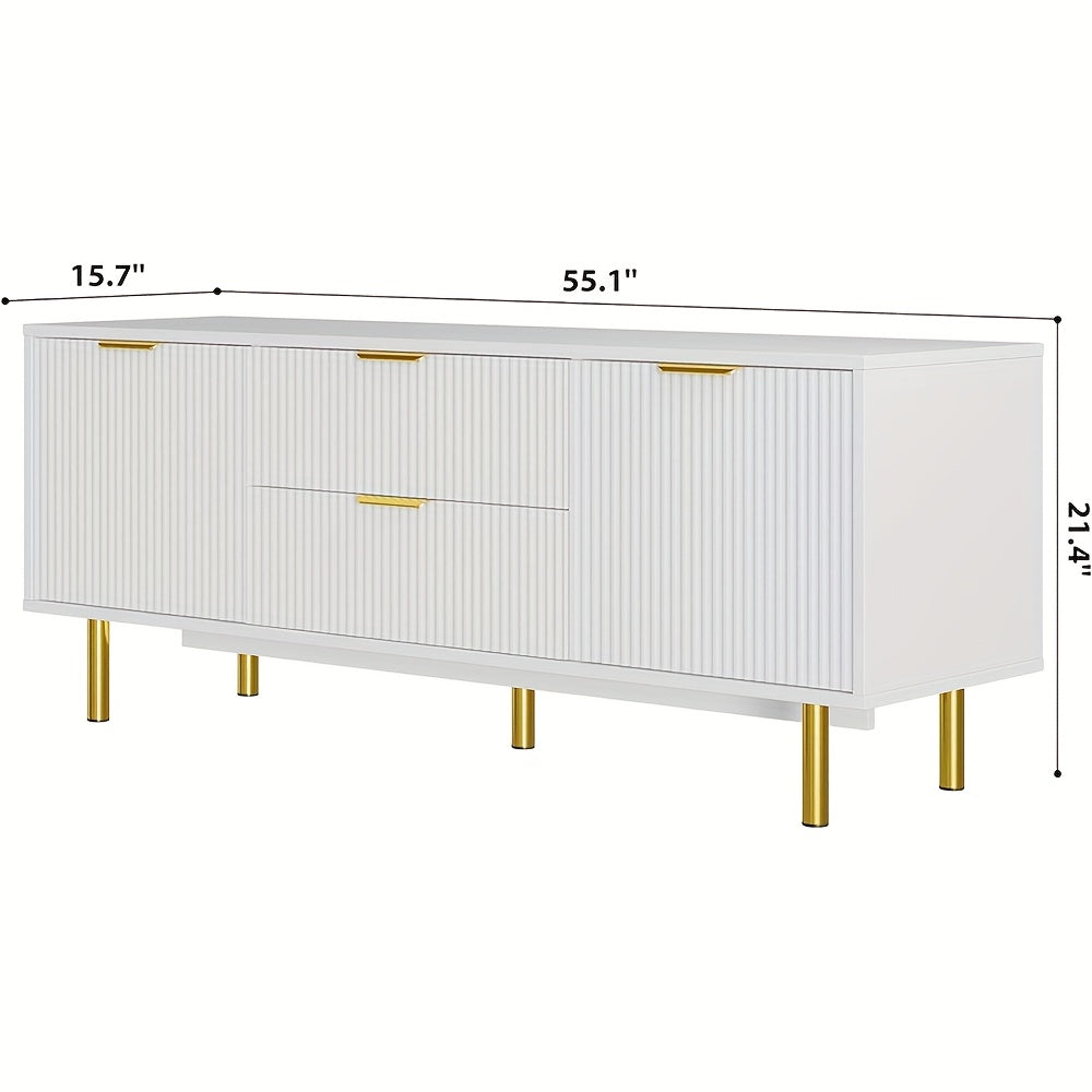 Modern White TV Stand for 165cm+ TVs - Sleek Entertainment Center with Storage Cabinets, Corrugated Panels, and 2 Drawers & Doors, EUKER