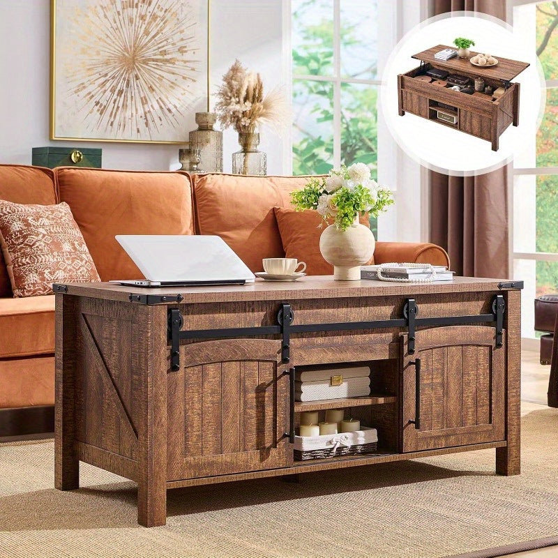 Farmhouse Lift Top Coffee Table with Sliding Door, 48-Inch Spacious Rustic Center Table: Equipped with Hidden Storage Compartment, Lifting Tabletop and Adjustable Shelf for Living Room