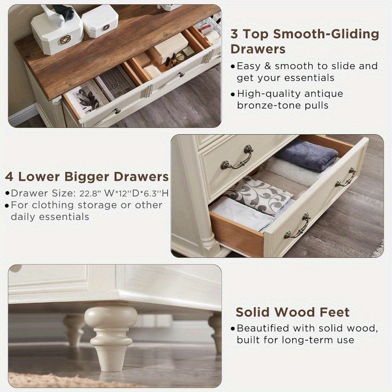 Farmhouse 7-Drawer Dresser Chests for Bedroom with 4 Solid Wood Feet & Column Decoration, Tall and Wide Wood Country Rustic Chest of Drawers, Storage Dressers for Bedroom and Living Room.