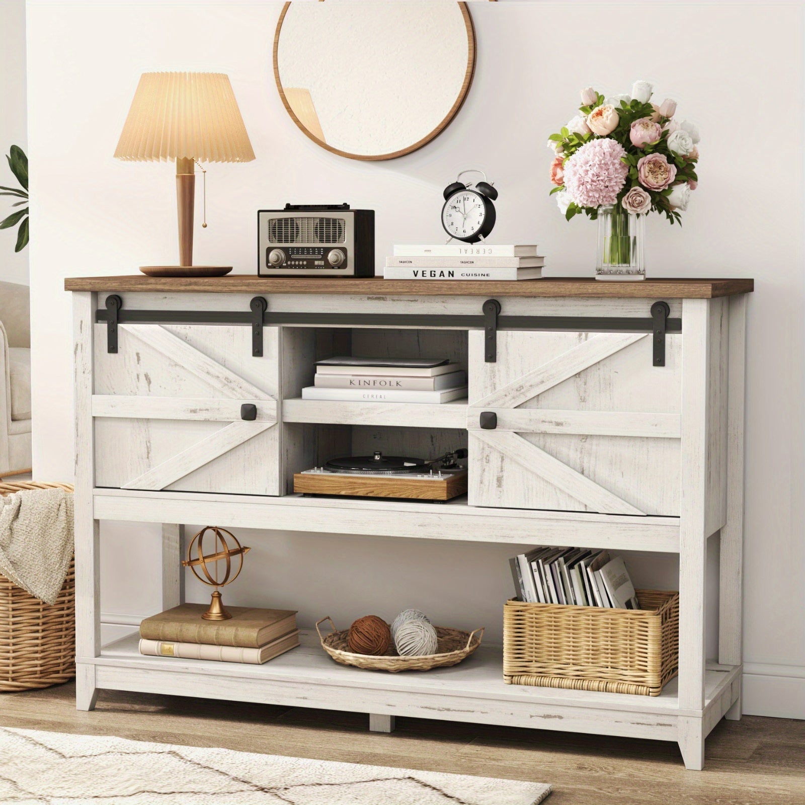 Farmhouse Entryway Table with Adjustable Shelf and Sliding Barn Doors, 116.8 cm Hallway Table with Bottom Open Shelf, Behind Couch Table Console Table for Entrance, Living Room, Foyer, Rustic White