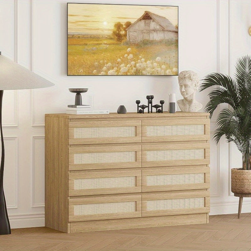 Rattan Dresser for Bedroom, Modern 8 Drawer Wooden Dresser Chest, Wide Wood Beside Table for Closet, Nursery, Living Room and Entryway, Natural