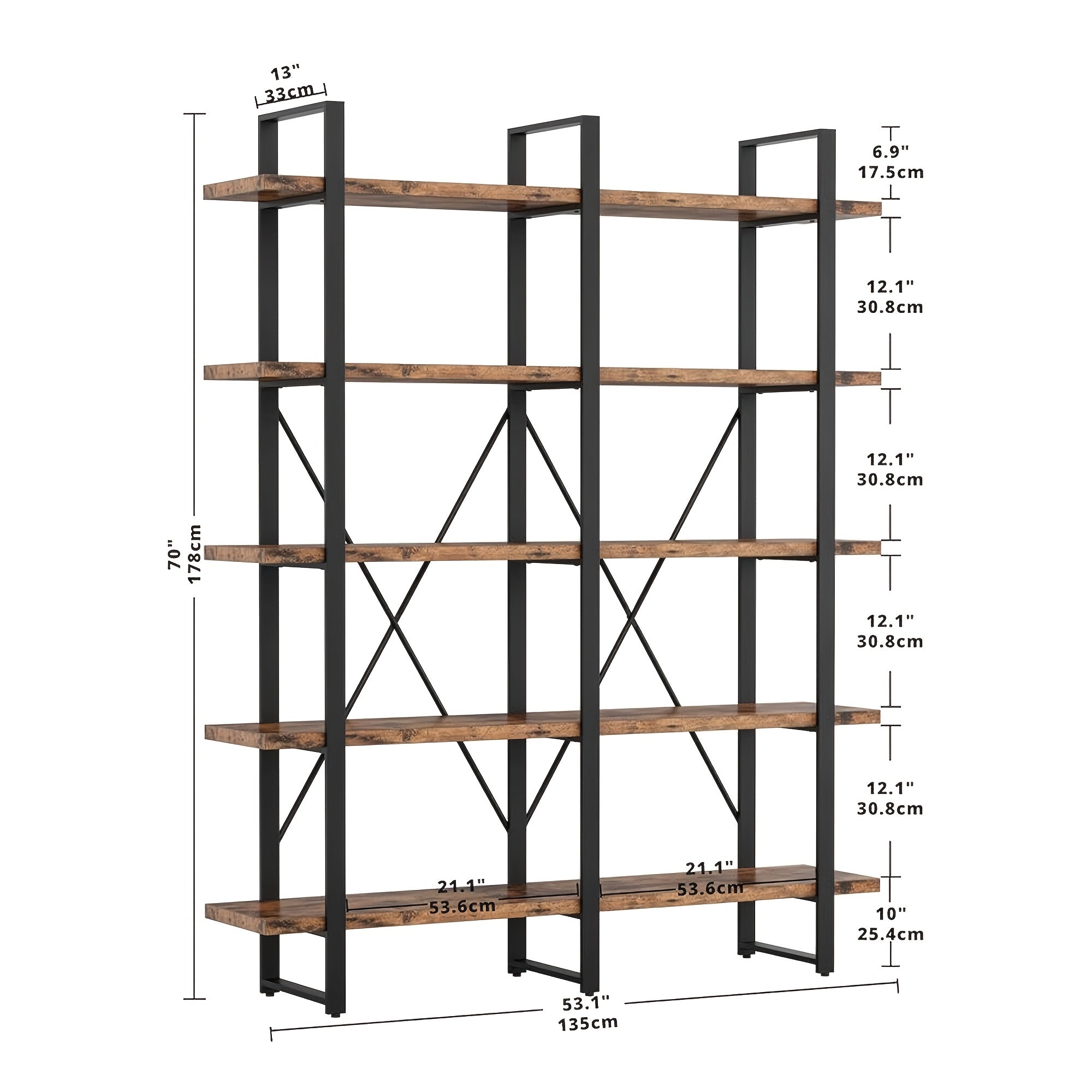 5-Tier Industrial Bookshelf, Double Width, Wood and Metal, Rustic Brown Finish - Ideal for Home Office & Living Room Decor, Easy to Assemble, Festive Holiday Display Shelving, Bookshelf Decorations, Best for Christmas