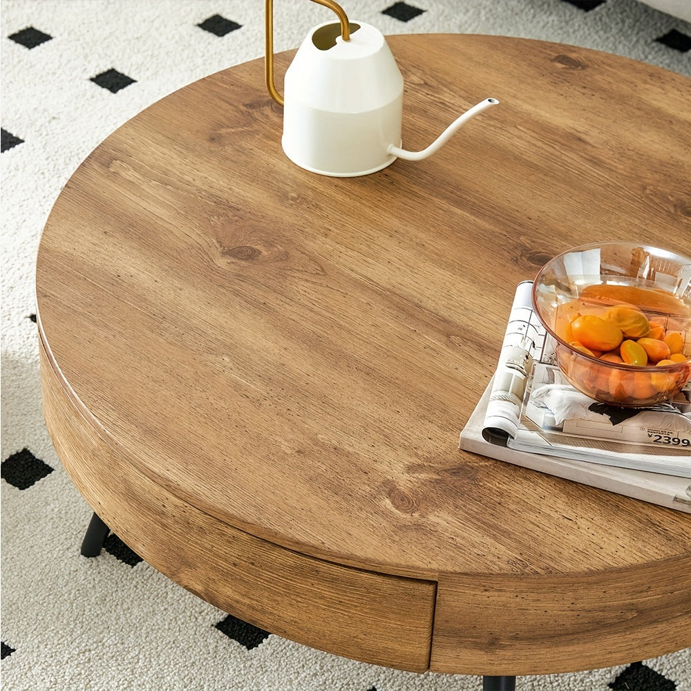 Chic Round Coffee Table with Wood Grain Top & Metal Legs - Includes Storage, Perfect for Living Room or Tea House Decor