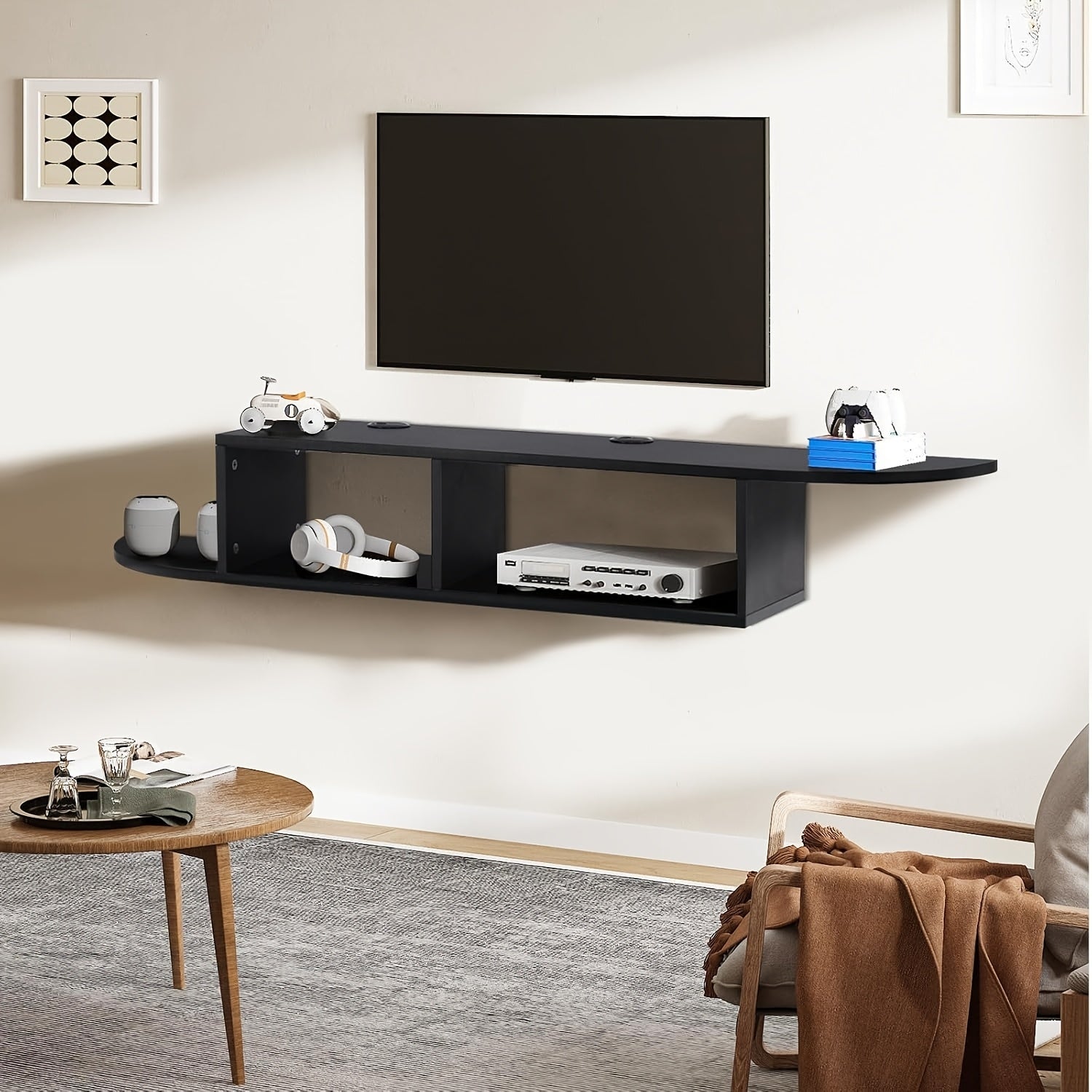 Contemporary Floating TV Stand with Storage, 55" Wall-Mounted Entertainment Center Shelf, Log Material, No Electricity Needed, for Living Room and Laboratory Display, Tv Console for Living Room