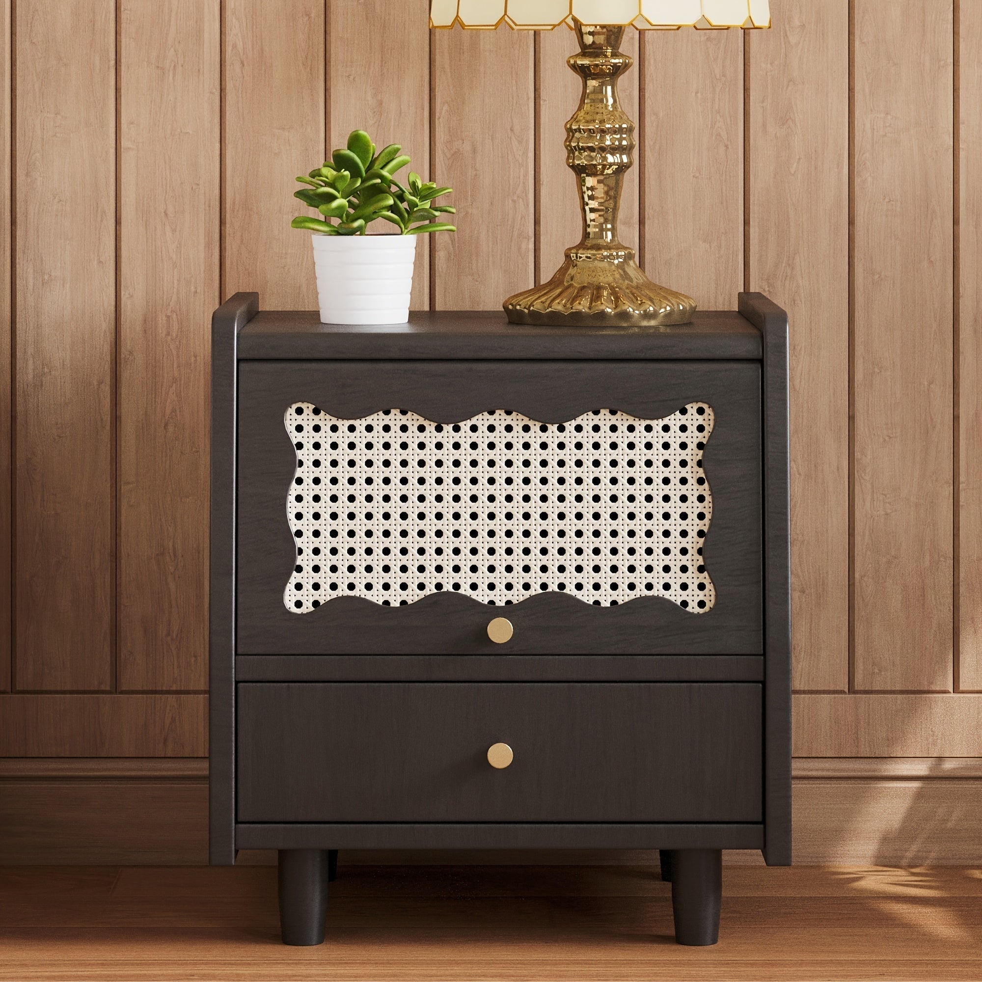 Elegant Wooden Nightstand with Rattan-Woven Storage Cabinet & Drawer - Natural Hardwood Finish, Scalloped Top with Decorative Cut-Out Patterns, Ideal for Bedroom Elegance, Bedroom Decor