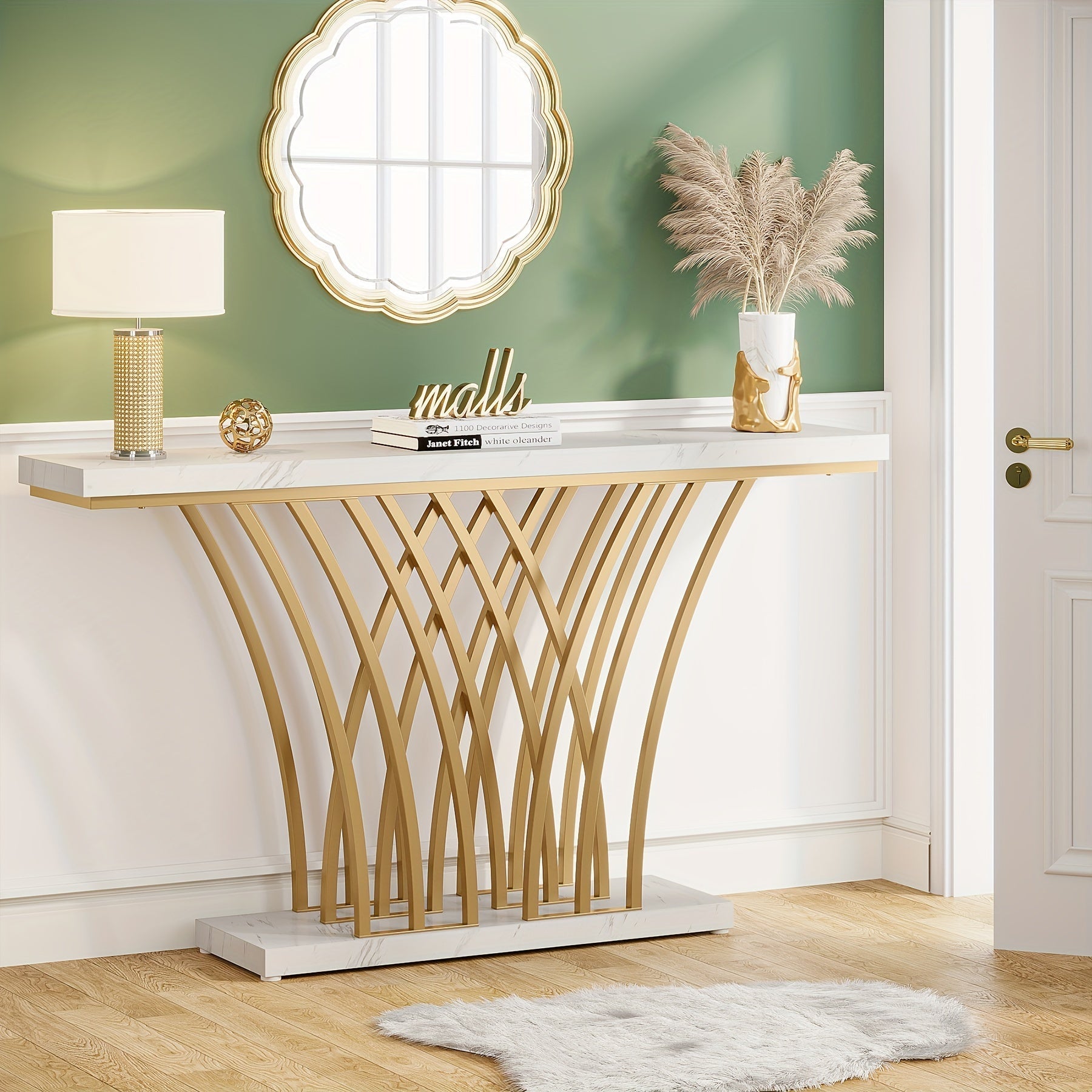 150 cm Golden Console Table, Modern Entryway Table with Grid-Shaped Metal Base for Entrance, Hallway, Entryway, Living Room