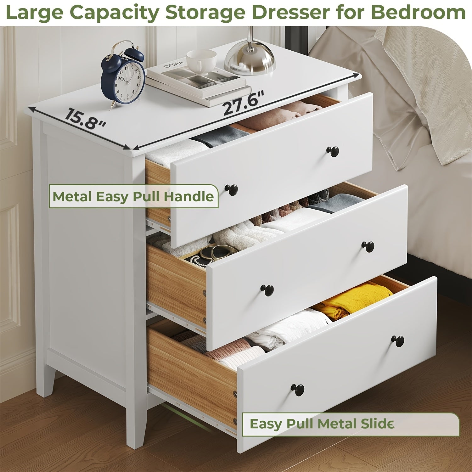 Dresser with 3 Drawers Wood Drawer Chest with Metal Handle&Slide for Bedroom/Living Room/Bathroom/Hallway, White