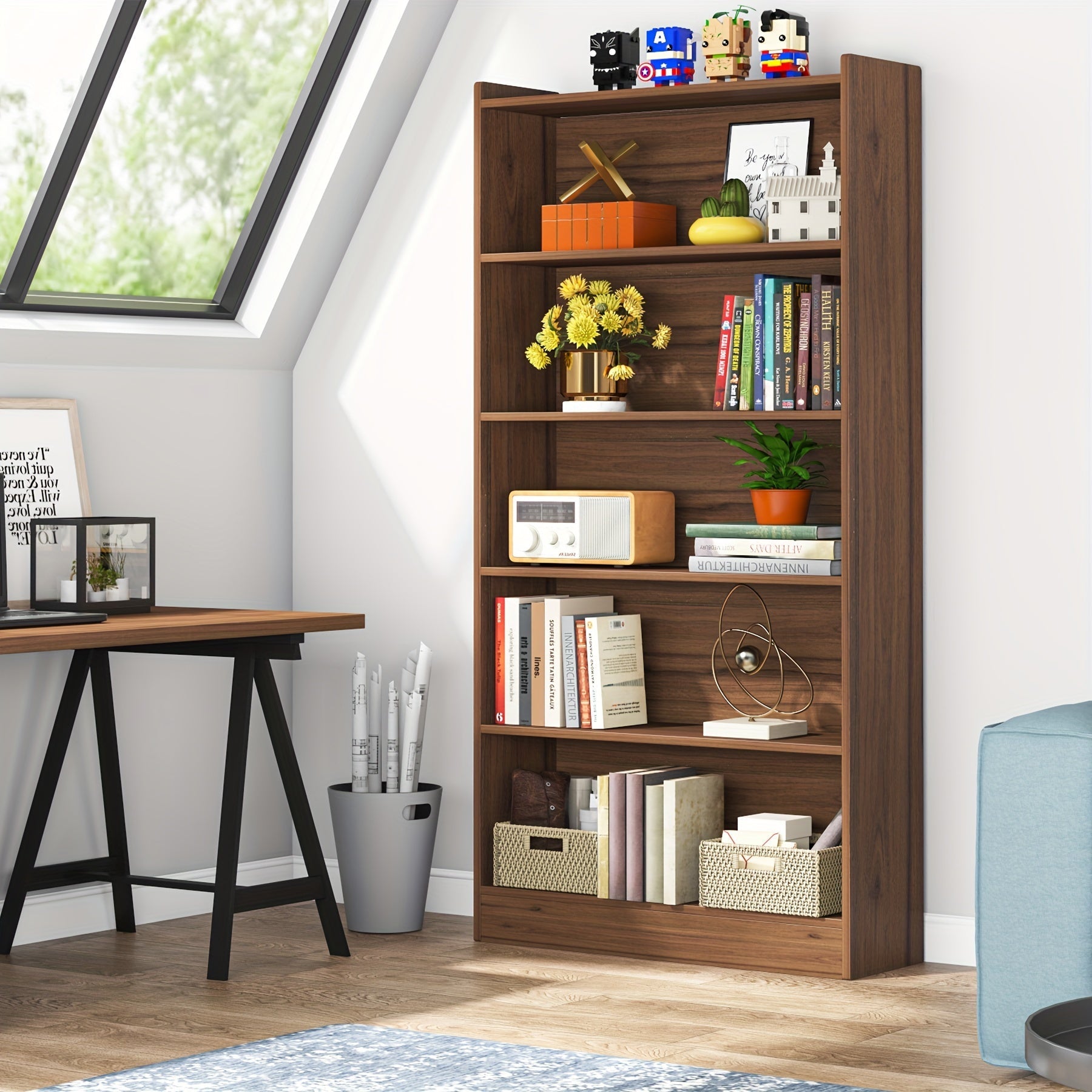 183cm Tall Bookcase, Modern 6-Tier Brown Library Bookshelf with Storage Shelves, Large Open Bookcases Wood Display Shelving Unit for Bedroom Living Room Office