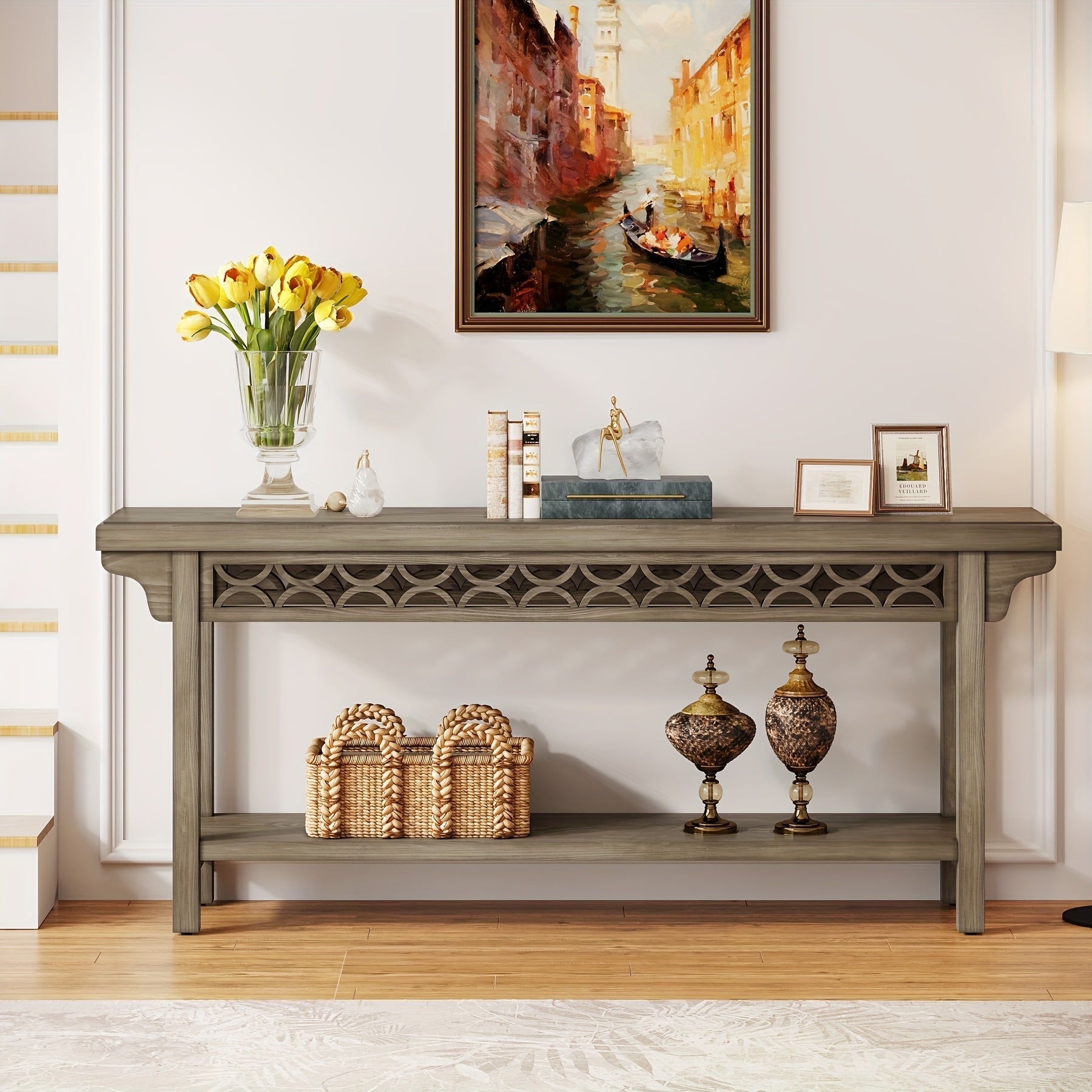 180 cm Extra Long Console Table, Farmhouse Wood Narrow Sofa Table with Storage Shelves, 2-Tier Entryway Table Behind Couch for Hallway Foyer Living Room