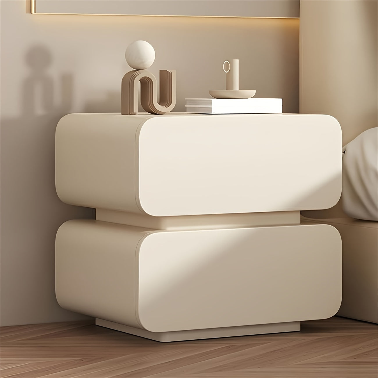 Wooden Nightstand Modern Bedside Table Elegant Bedroom Side Table With 2 Storage Drawers For Bedroom Living Room, Off-White