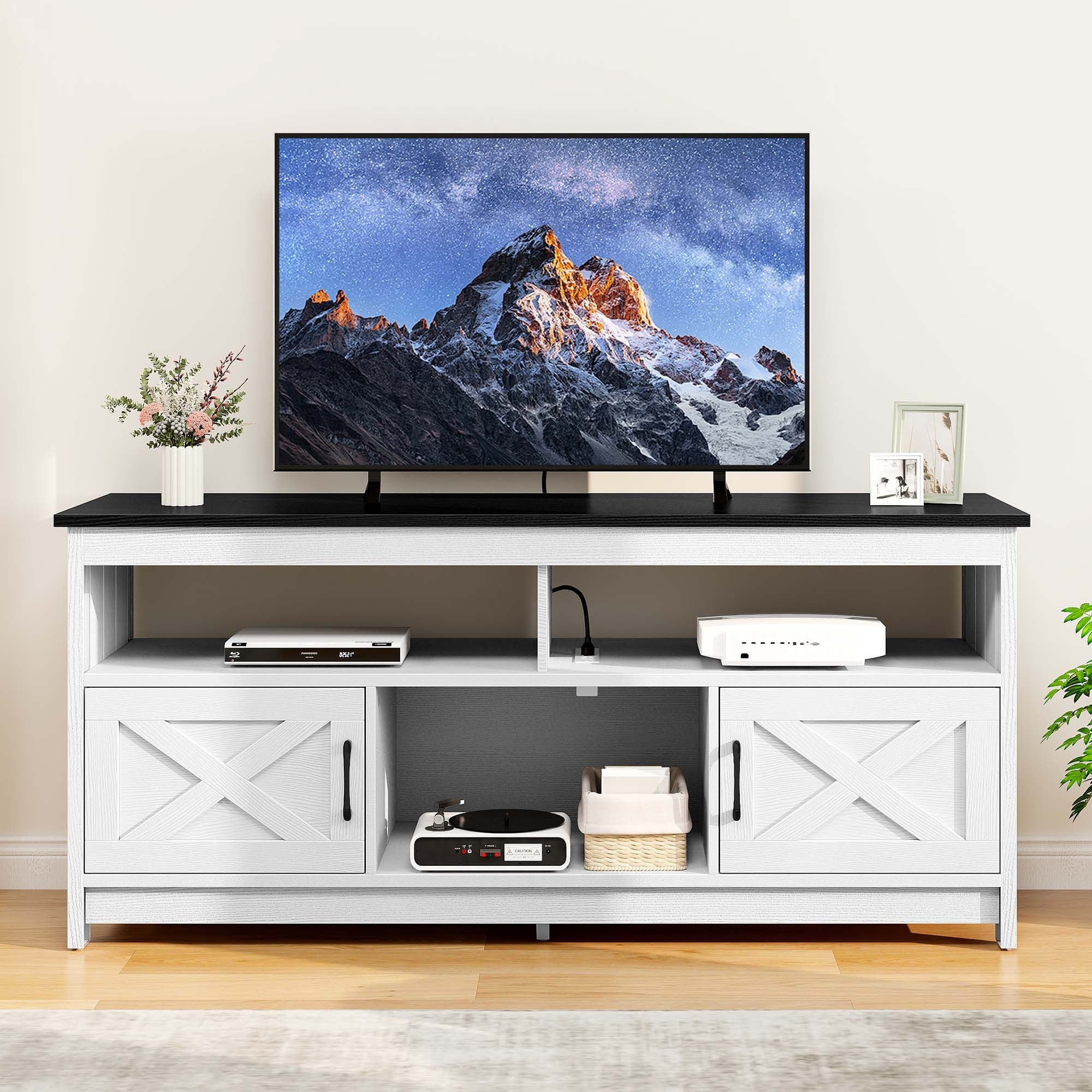 Black and White TV Stand Media Console TV Cabinet with Power Outlets for 55/ 65 Inch TV For Thanksgiving Christmas Day Gift