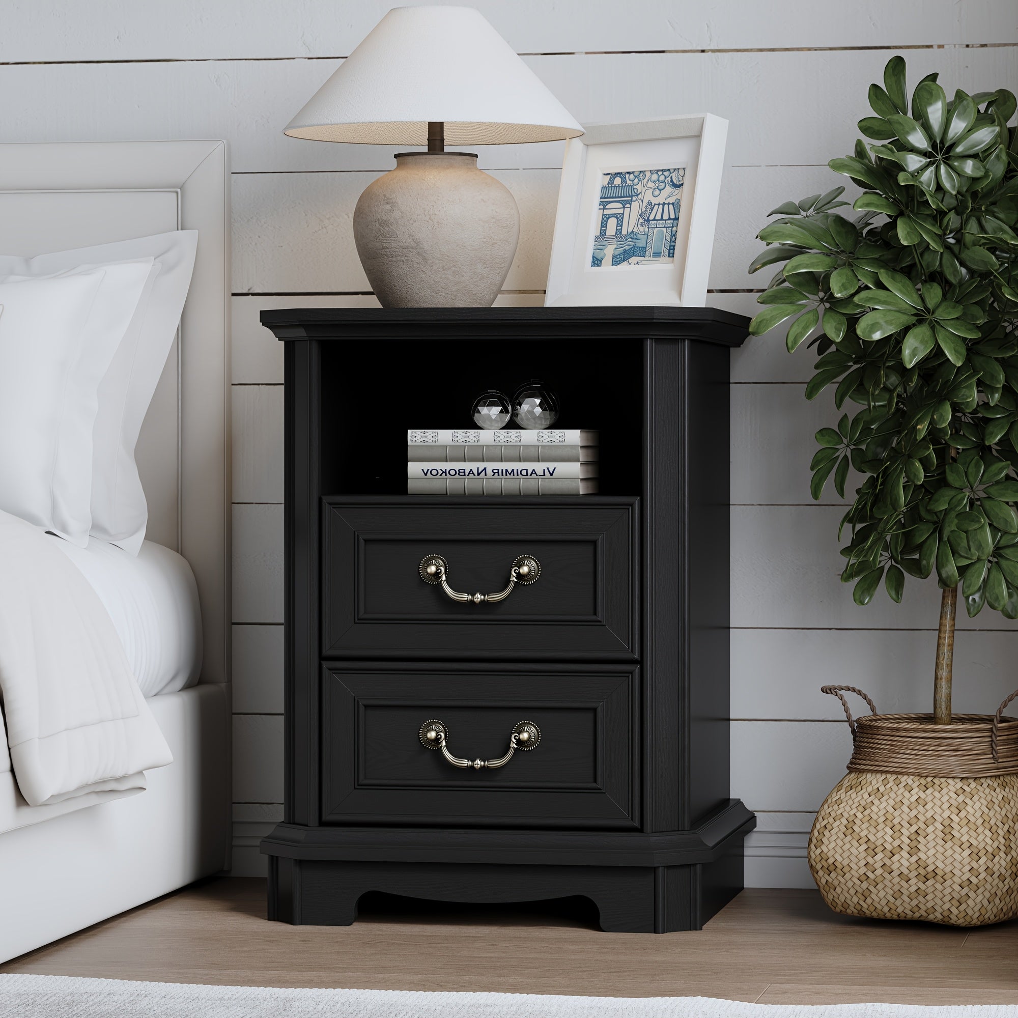 Charming Farmhouse 2-Drawer Nightstand - White Wooden End Table with Open Shelf for Bedroom & Living Room, Stain-Resistant