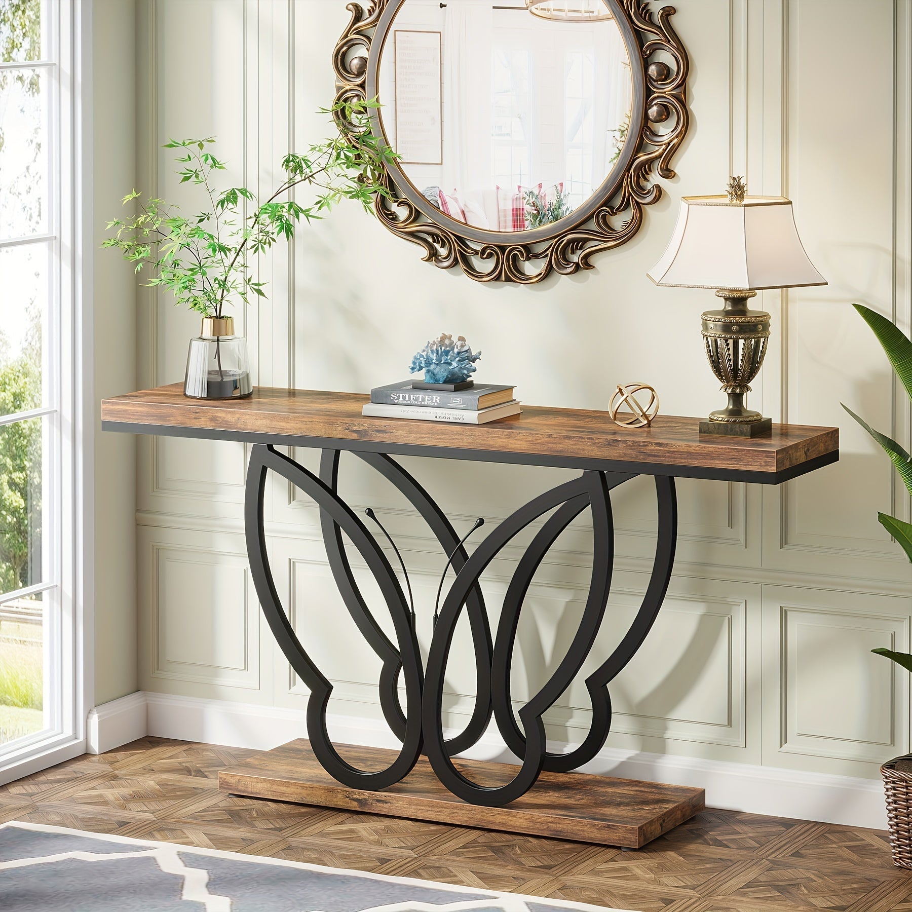 Chic 140 cm Rustic Console Table with Butterfly Metal Frame - Farmhouse Style Wooden Sofa Table for Living Room, Hallway, Entryway - Durable & Weather-Resistant, Brown & Black