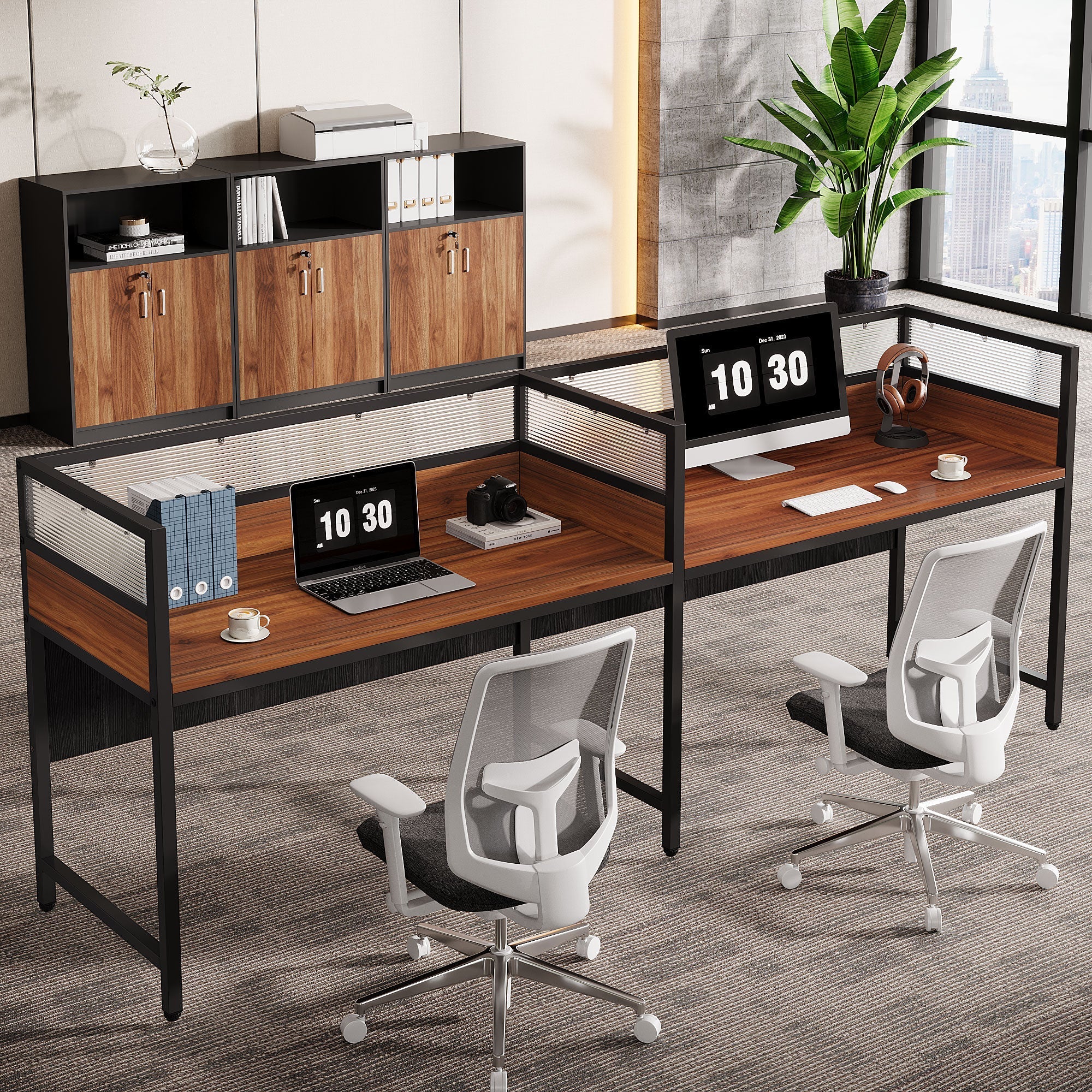 240 cm Two-Person Desk, Office Computer Desk Workstation with Privacy Panel