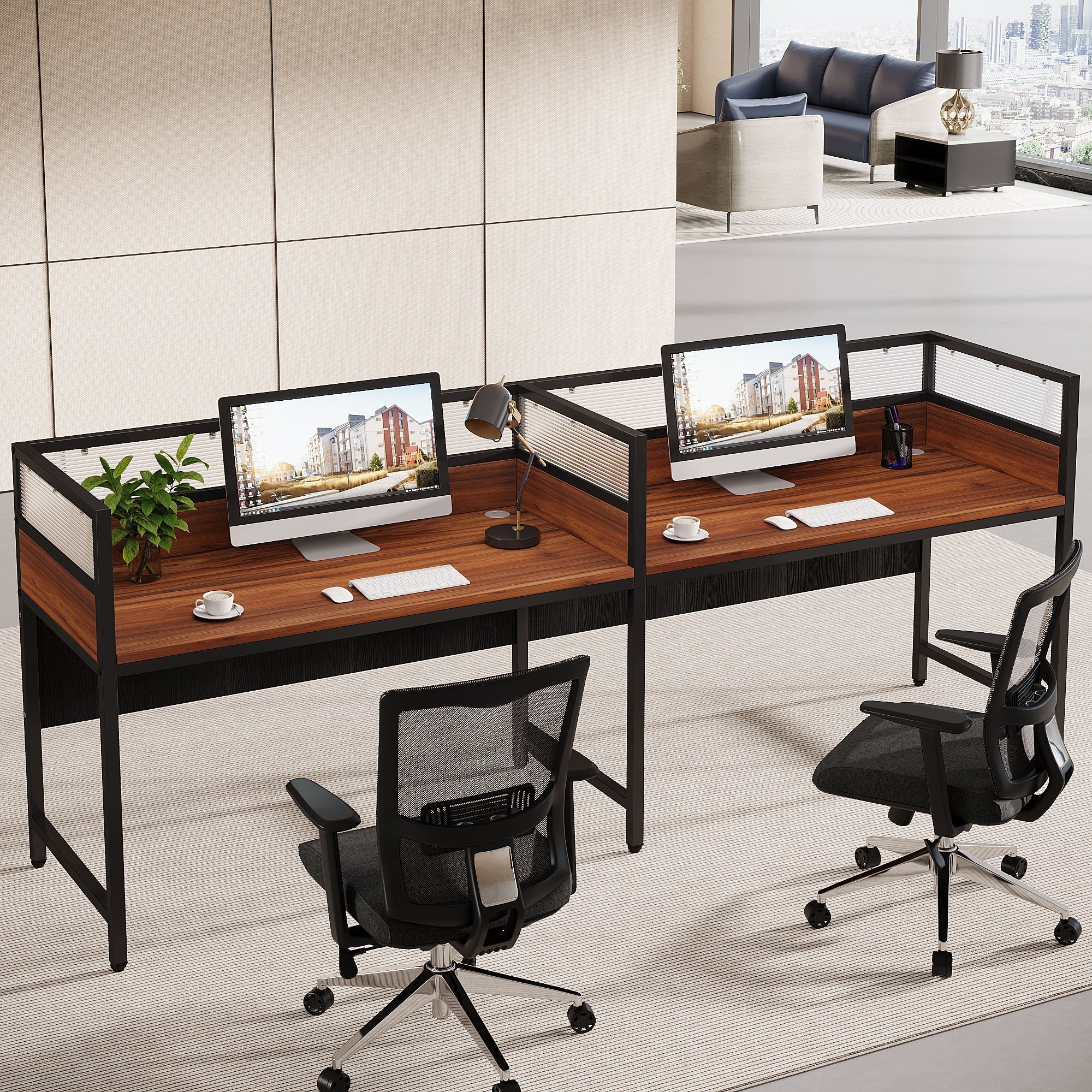 240 cm Two-Person Desk, Office Computer Desk Workstation with Privacy Panel