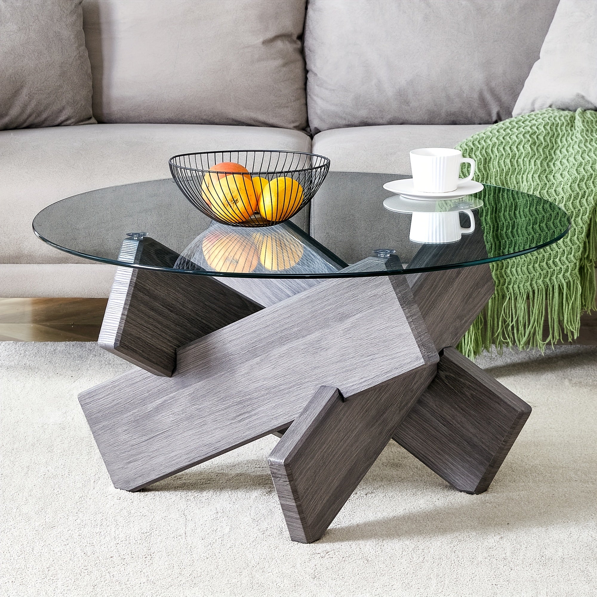 Round Glass Top Coffee Tables For Living Room, 33.4 Inch Rustic Farmhouse Center Table, Mid Century Circle Cocktail Table With Gray Wood Crossed Legs, Characteristic Furniture