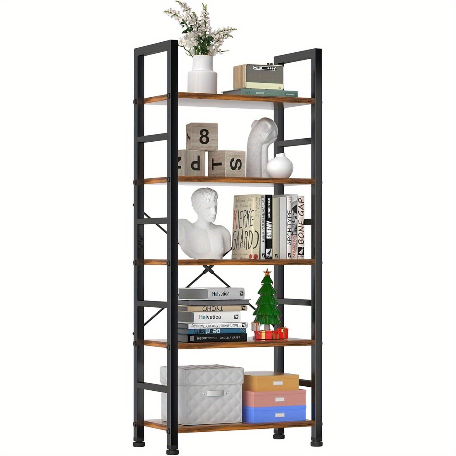 Book Shelf, 5 Tier Bookcase, Tall Bookshelf Modern Book Case for Books, Garage Kit, CDs, Movies, Industrial Corner Storage Organizer for Bedroom Home Office Kitchen Living Room Rust Brown