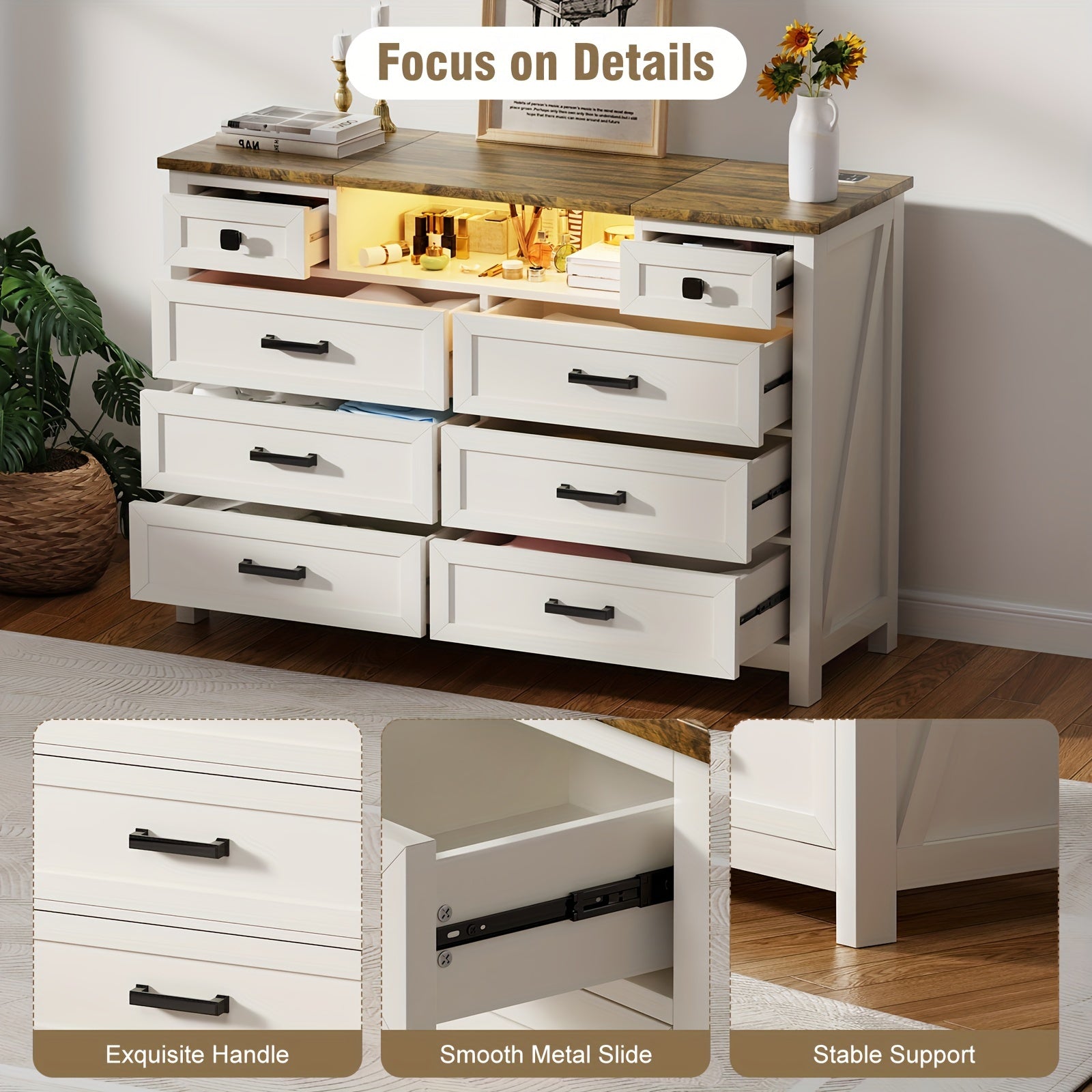 Dresser With Mirror For Bedroom, 8 Drawer Dresser With Charging Station, Farmhouse Chest Of Drawers For Bedroom, Hallway, Kids Room