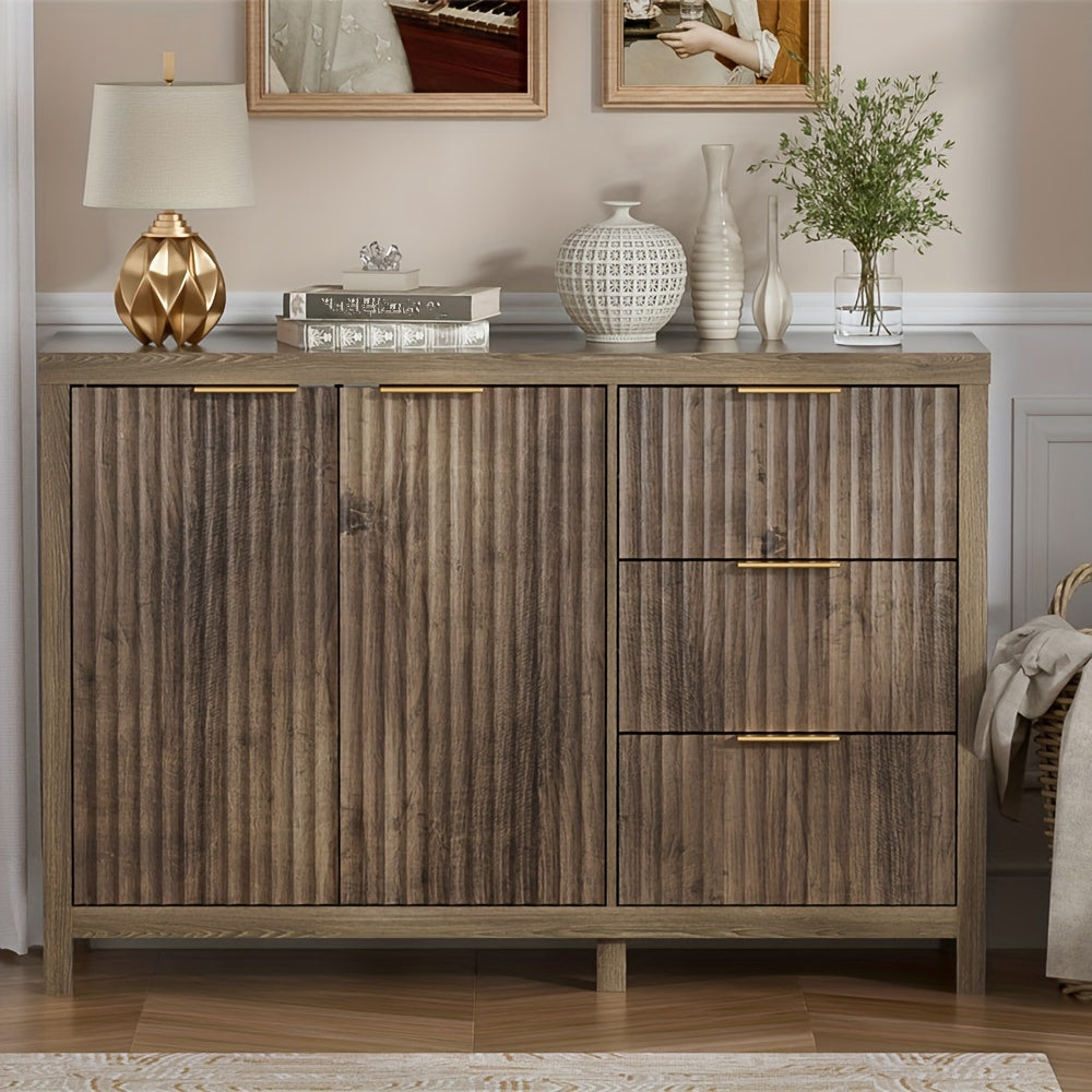 Fluted Drawers CabinetDresser, Dresser TV Stand With 3 Drawers And Shelves, Rectangular Design, For Bedroom, Living Room, Hallway