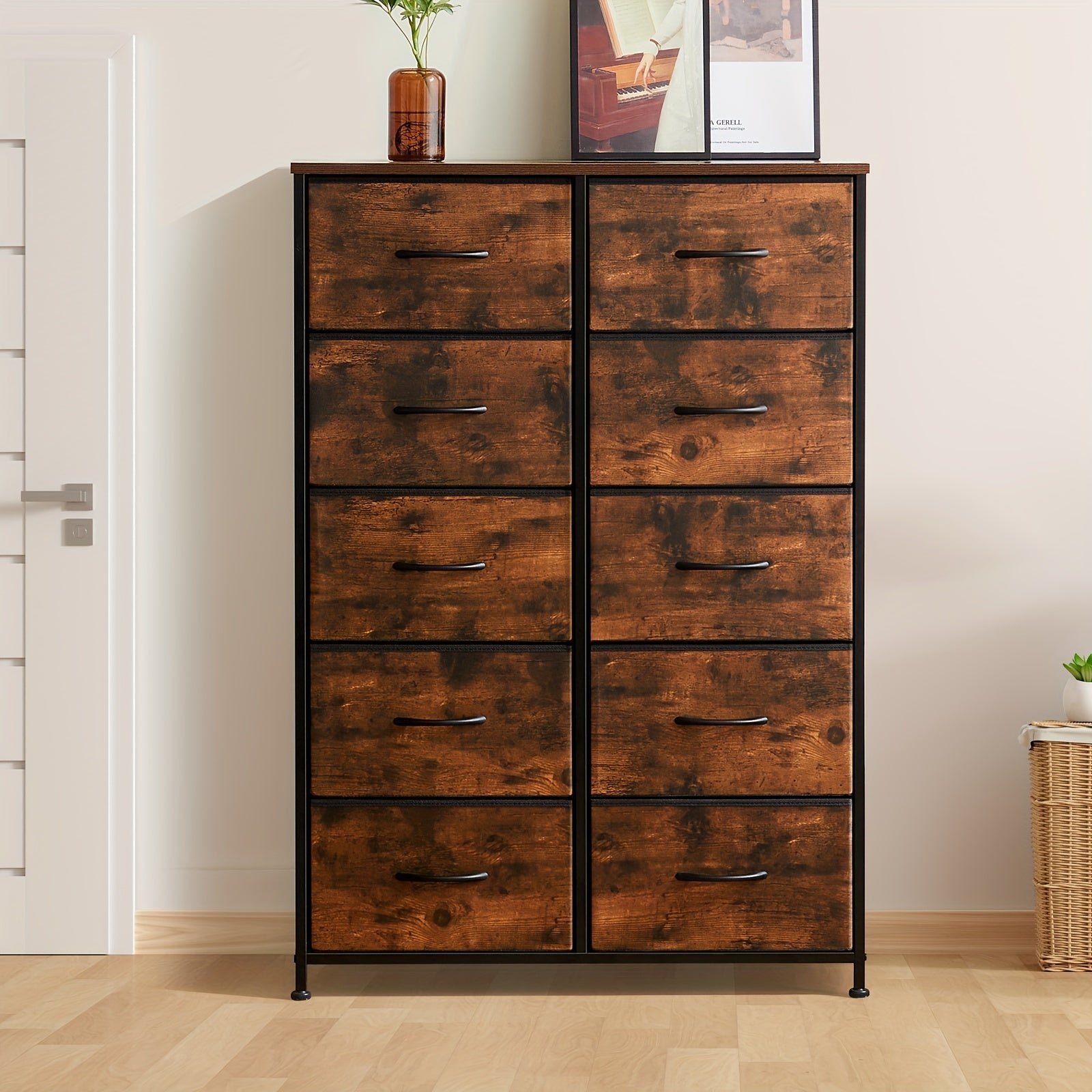 Idle Way Dresser For Bedroom With 10 Drawers, Dresser With Metal Frame And Wood Tabletop, Clothes Drawer Fabric Closet Organizer, Chest Storage Tower For Living Room, Entryway