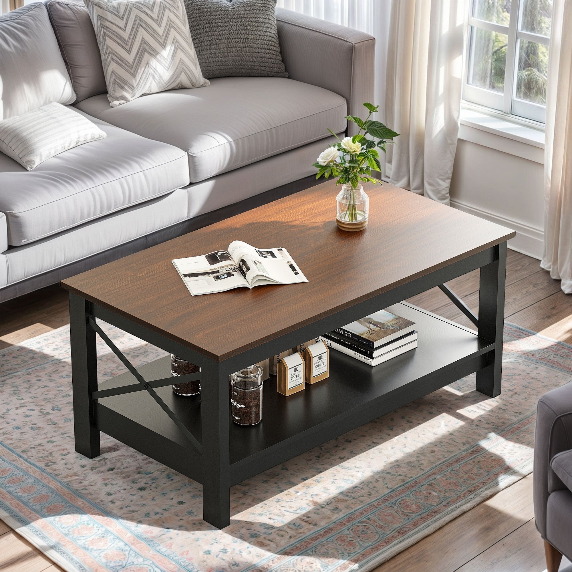 99cm Walnut Wood & Black Coffee Table with Open Storage - Waterproof, Scratch-Resistant, Easy Assembly for Living Room, Home Office, or Sunroom