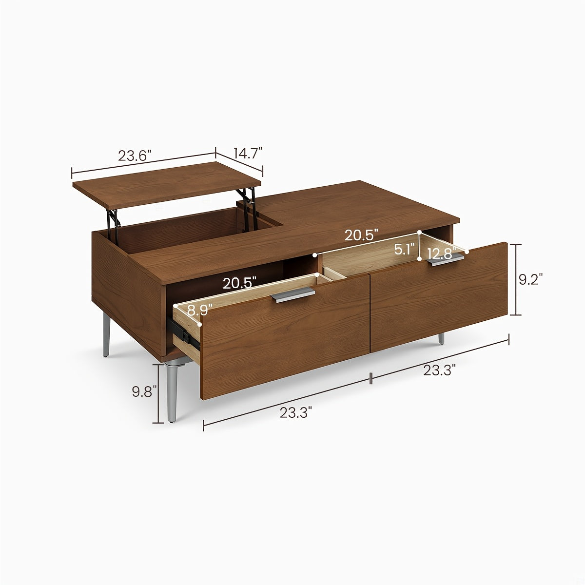 Contemporary Brown Lift-Top Coffee Table with Drawers - Space-Saving Design, Metal Legs, 12.47gal x 25.9W x 17.7H Inches, Office Reception, Hidden Storage