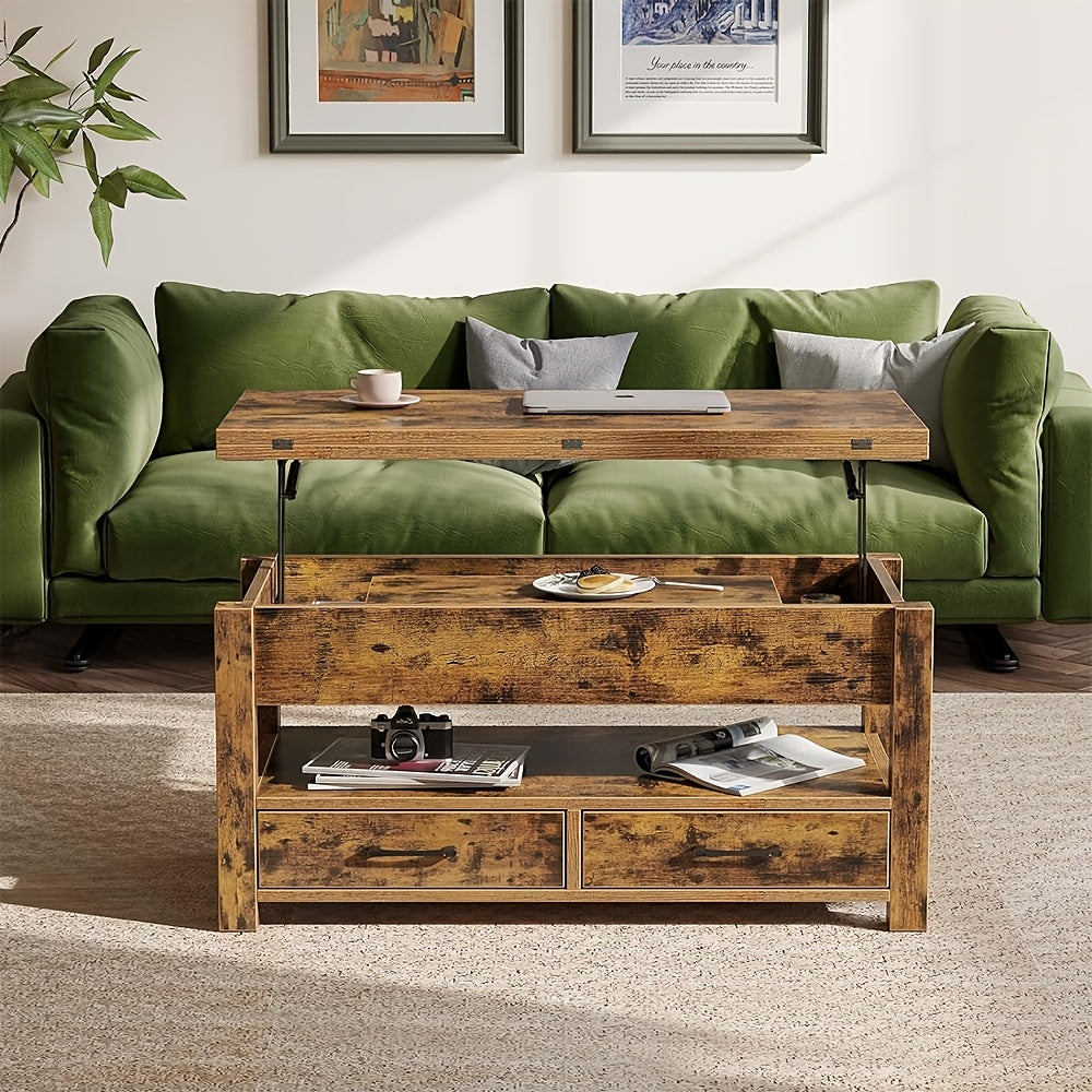 Rustic Brown 109cm Convertible Coffee Table - Multi-Function with Lift Top, Hidden Storage & Dual Baskets for Living Room or Home Office