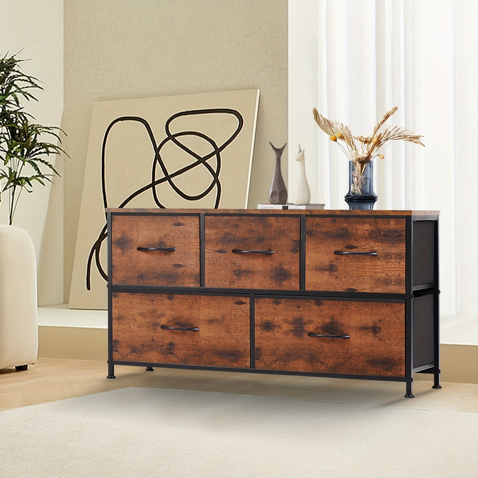 Dresser For Bedroom Furniture, Storage Drawers, TV Stand Fabric Storage Tower With 5 Drawers, Chest Of Drawers With Wooden Top For TV Up To 45 Inch, For Living Room, Closet, Entryway, 39.4 X 11.8 X 20.9 In