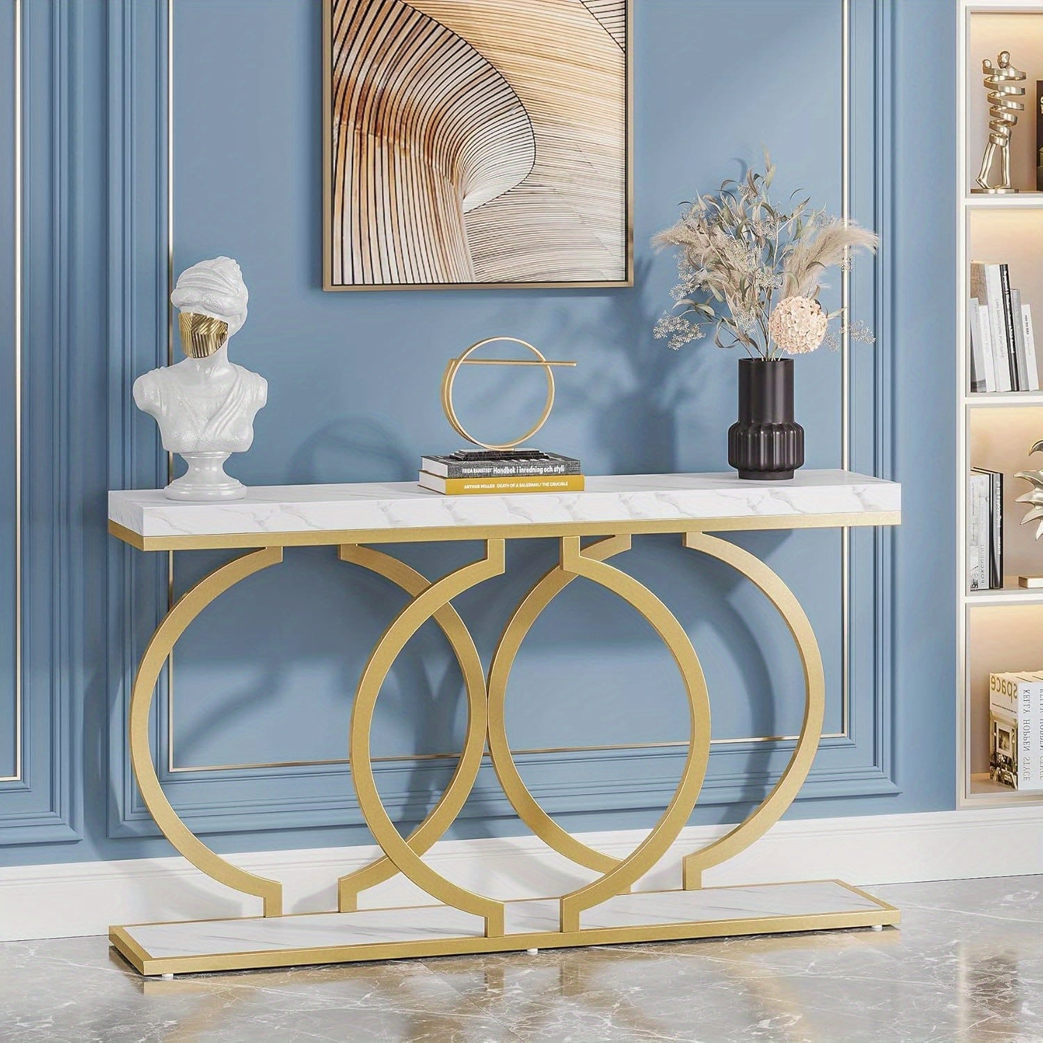 Golden Console Table, 140 cm Faux Marble Entryway Table Narrow Long Sofa Table, Modern Accent Table for Living Room, Entrance Table Geometric Metal Frame