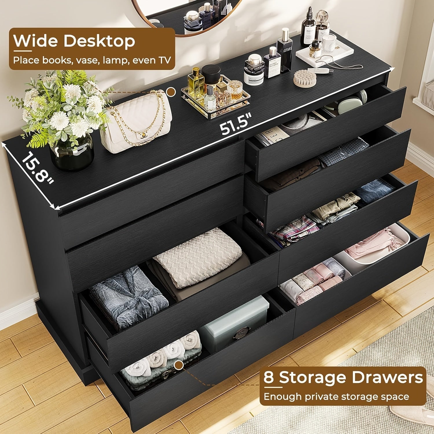 8 Drawers Dresser for Bedroom, Long Chest of 8 Drawers Storage Cabinet for Living Room Entryway, Black