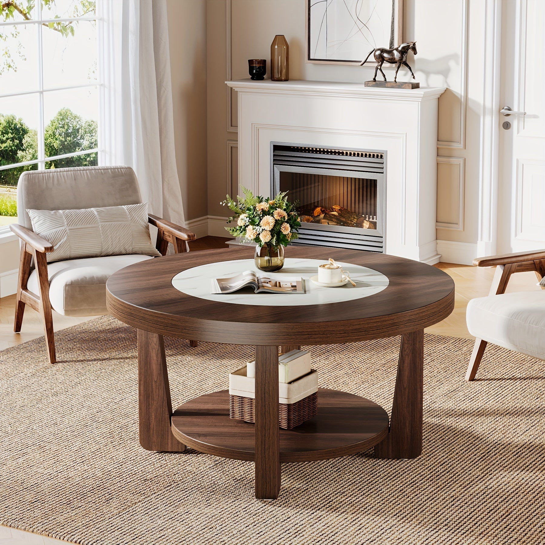 Vintage-Style 2-Tier Round Wood Coffee Table With Storage, Brown And White Accent Centerpiece For Living Room