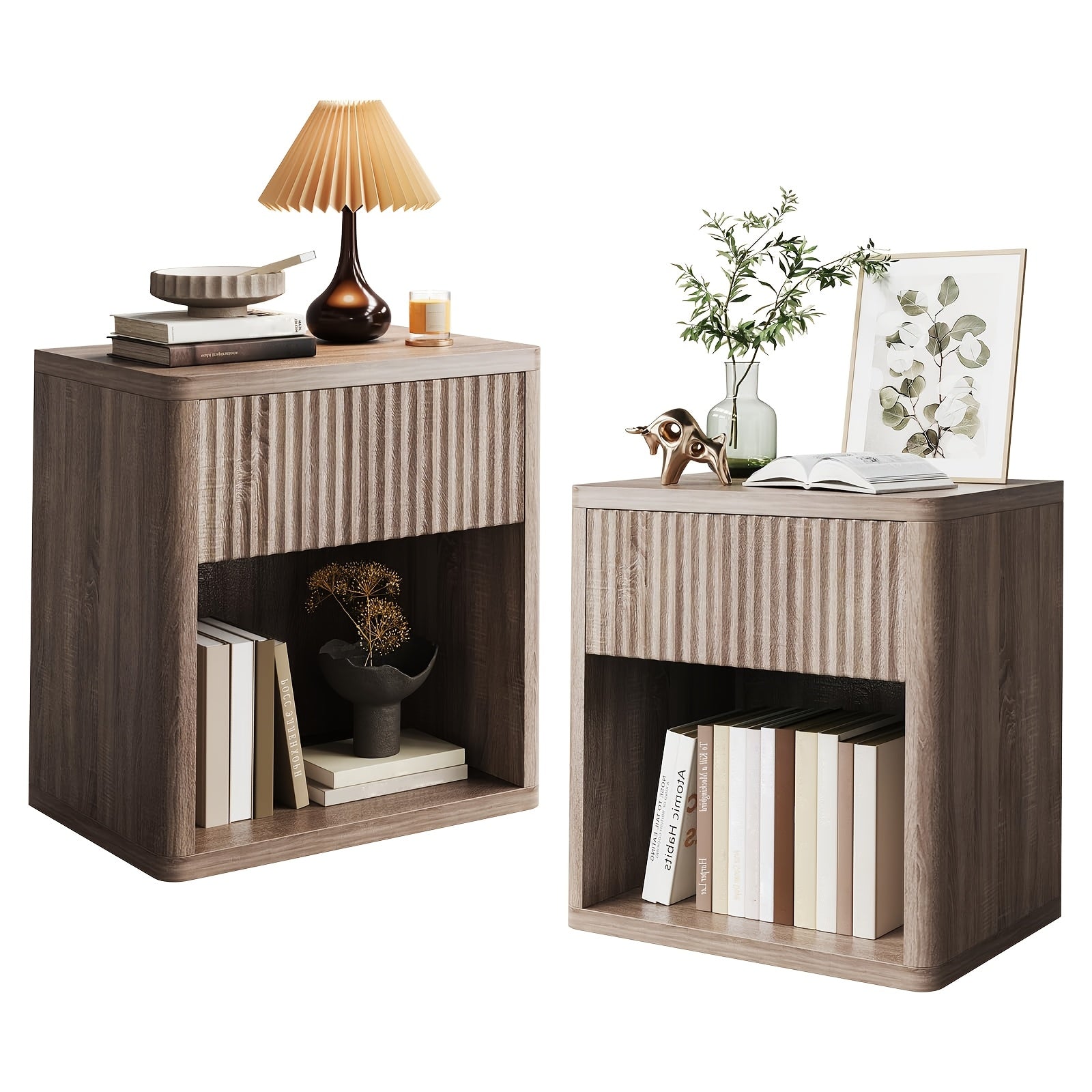 Modern Nightstands Set Of 2, Fluted End Table with Drawer, Sofa Side Table for Small Spaces, Wooden Bedside Table for Living Room Sofa Couch Office