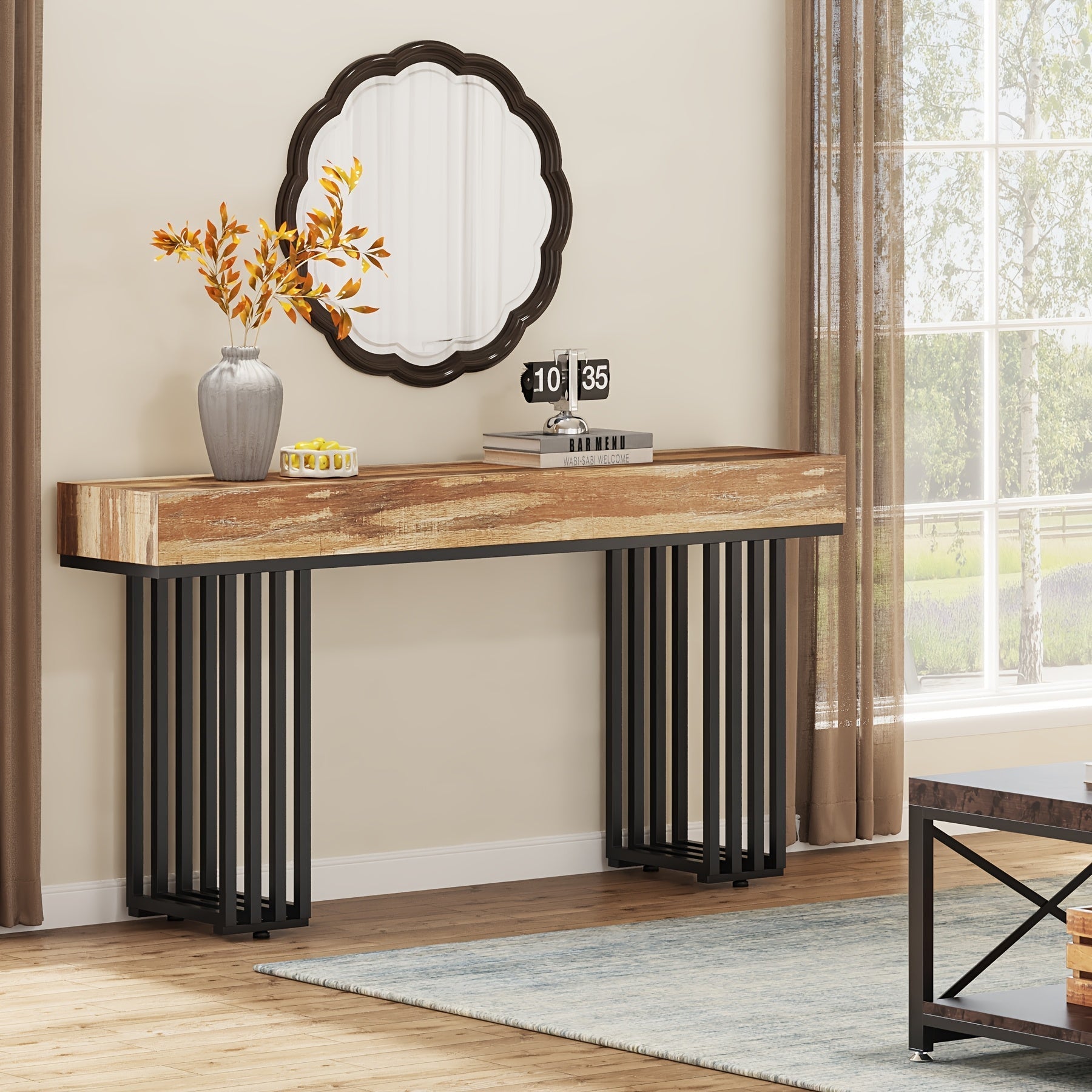 1pc Industrial Solid Wood Narrow Console Table, 140cm Entryway Hallway Table with Stylish Metal Frame, Farmhouse Sofa Foyer Table for Living Room, Bedroom, Entrance - Independent, No Electricity Needed, <3.2 Cu