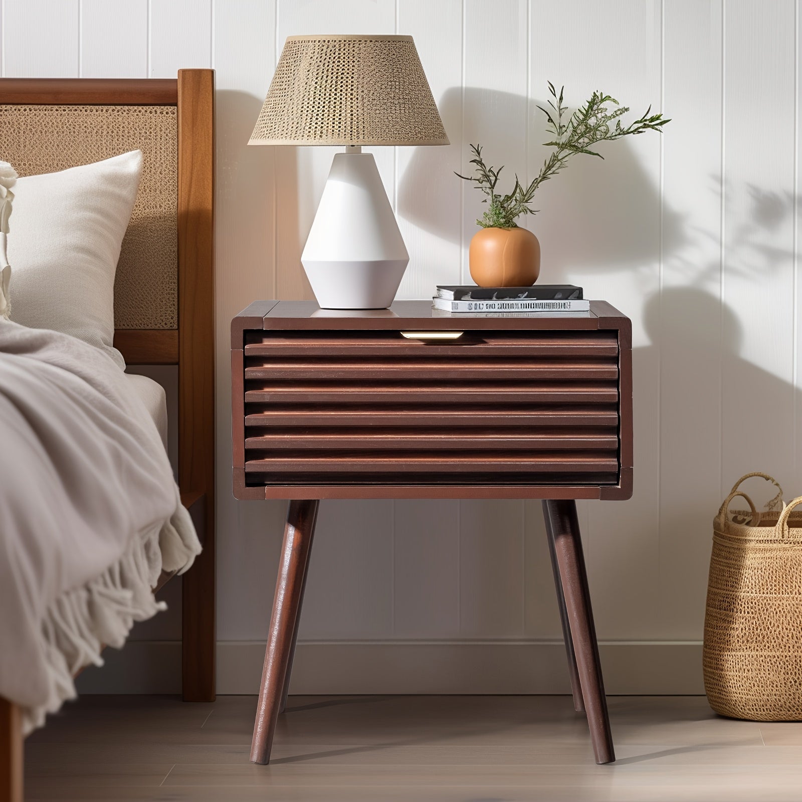 Rustic Brown Solid Pine Wood Nightstand with Slatted Design, 15.7x15x22" - Sturdy End Table with Drawer for Bedroom or Living Room