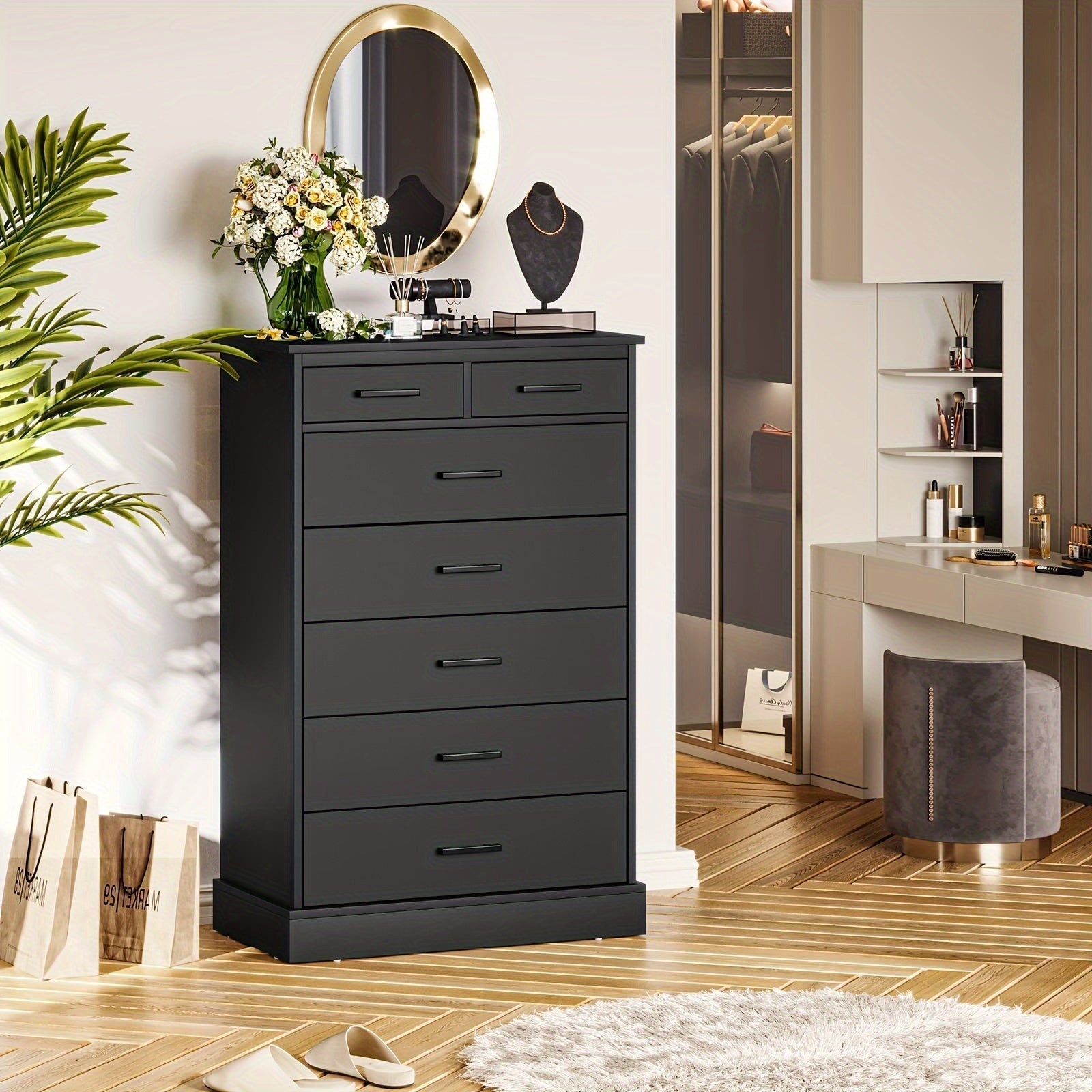 112cm Tall Dresser With 7 Drawers For Bedroom, Storage Tower Clothes Organizer, Large Chest Of Drawers With Sturdy Pedestal, 27.6'' W X 15.8'' D X 44.1'' H (Black/White)