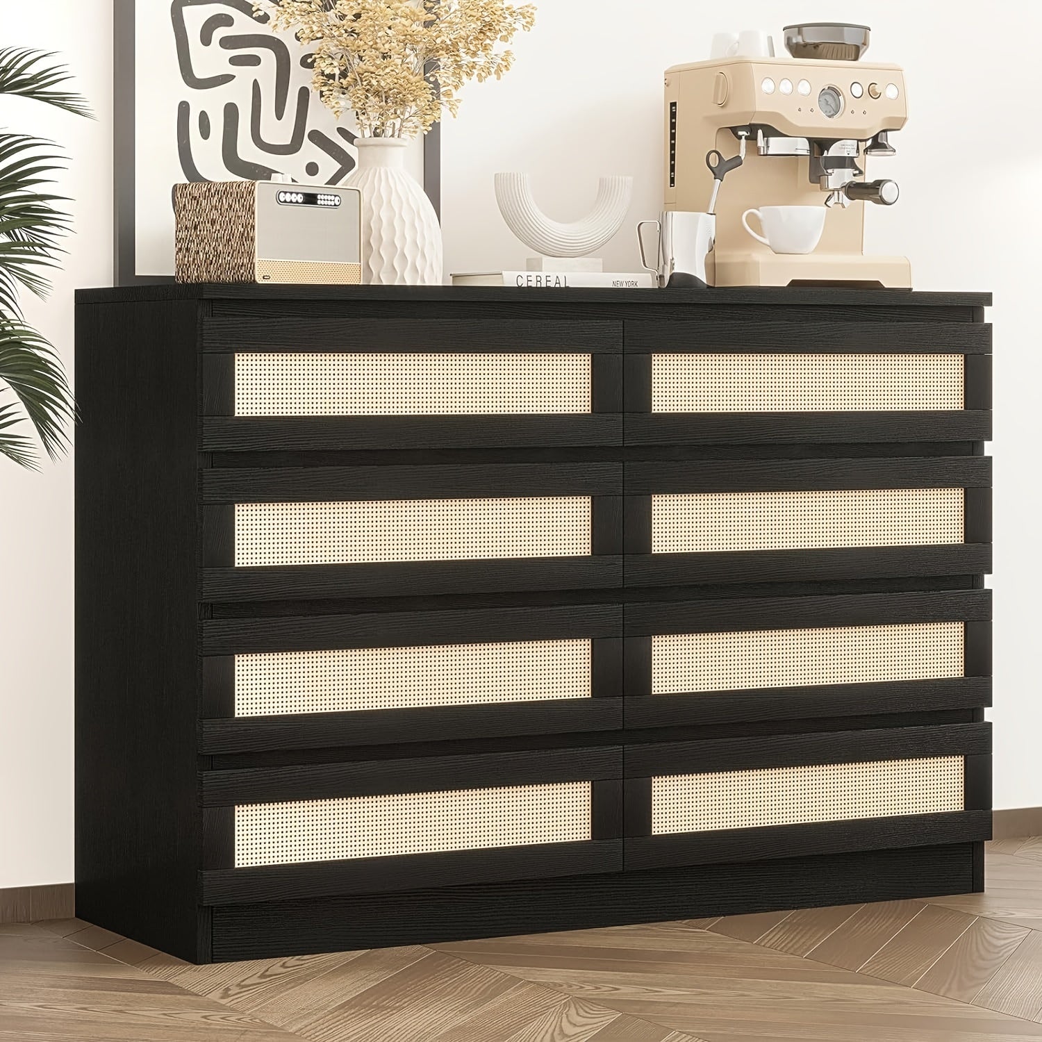 6/8-drawer rattan chest of drawers, easy to assemble, suitable for living room/bedroom/office, wooden