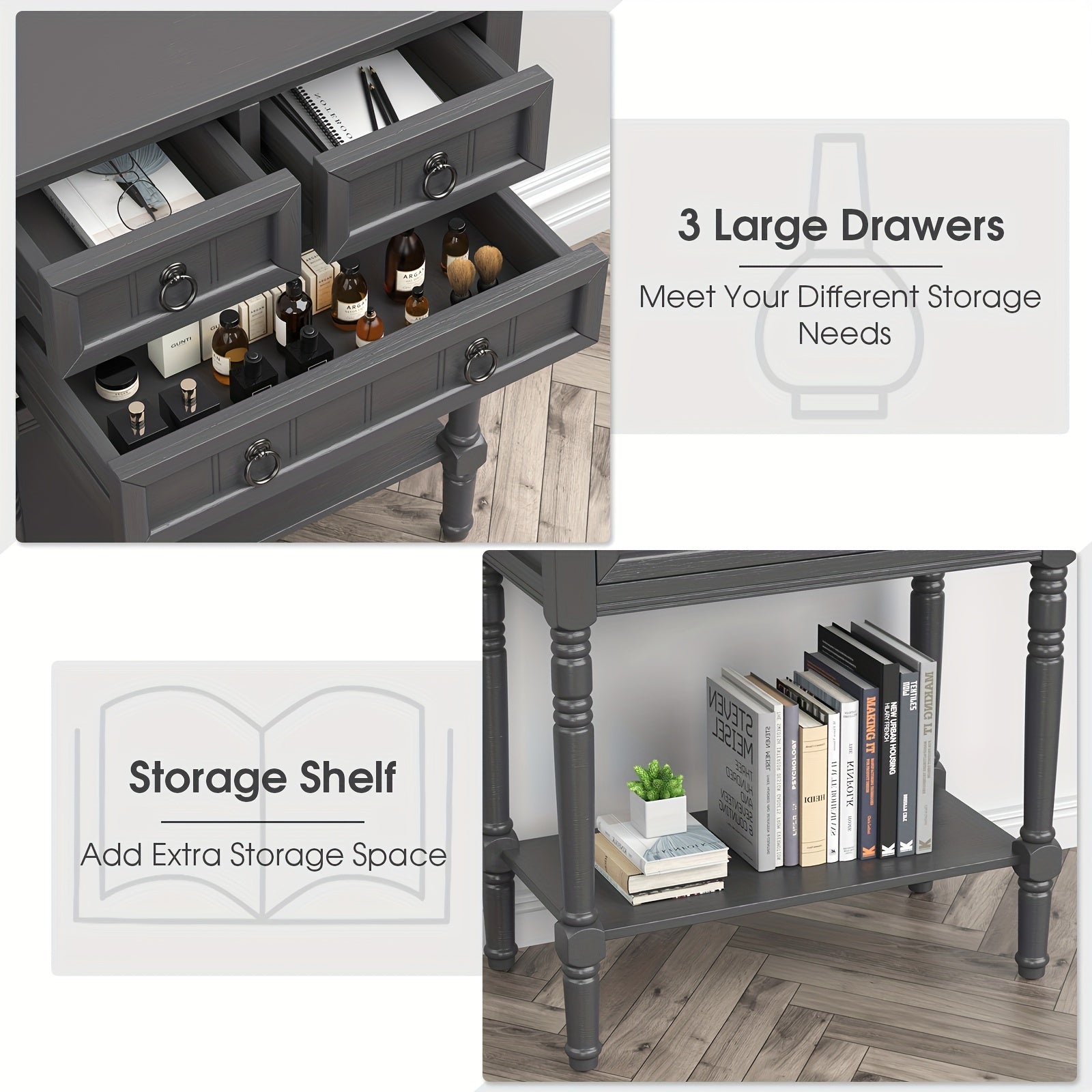 1pc Modern Wood Console Entryway Table With 3 Drawers And Open Shelf, Dark Grey, 78.74 cm H X 60.96 cm W, For Hallway And Living Room Storage, Home Decor