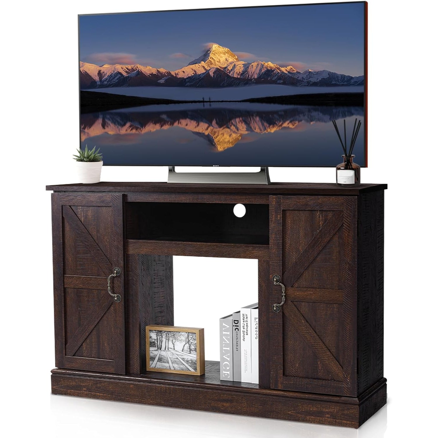 120cm TV Stand Suitable For TV Size up to 65", Entertainment Center with Two Barn Doors and Storage Cabinet, Media TV Console Table for Living Room