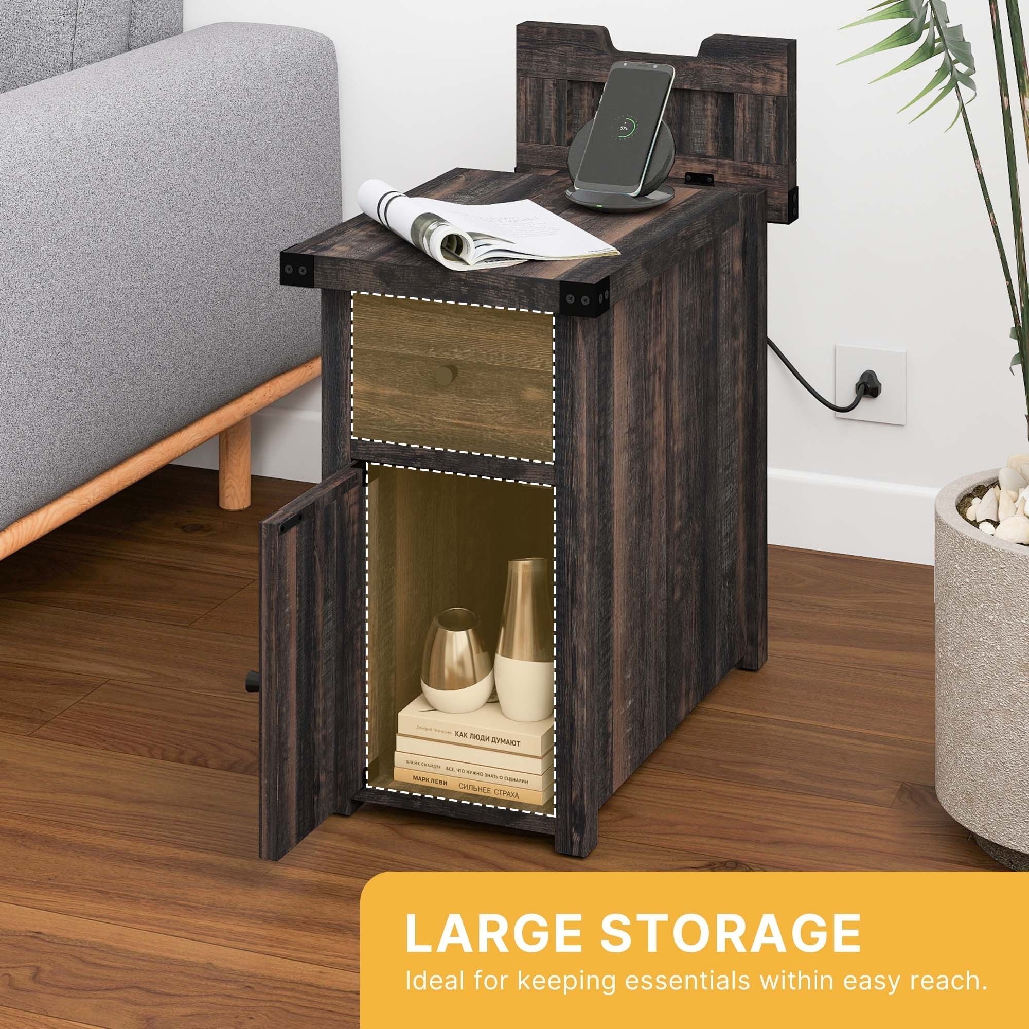 Rustic Farmhouse Charging End Table with Drawer - Space-Saving Nightstand for Bedroom, Contemporary X-Design with USB Ports & Outlets, Perfect Holiday Gift