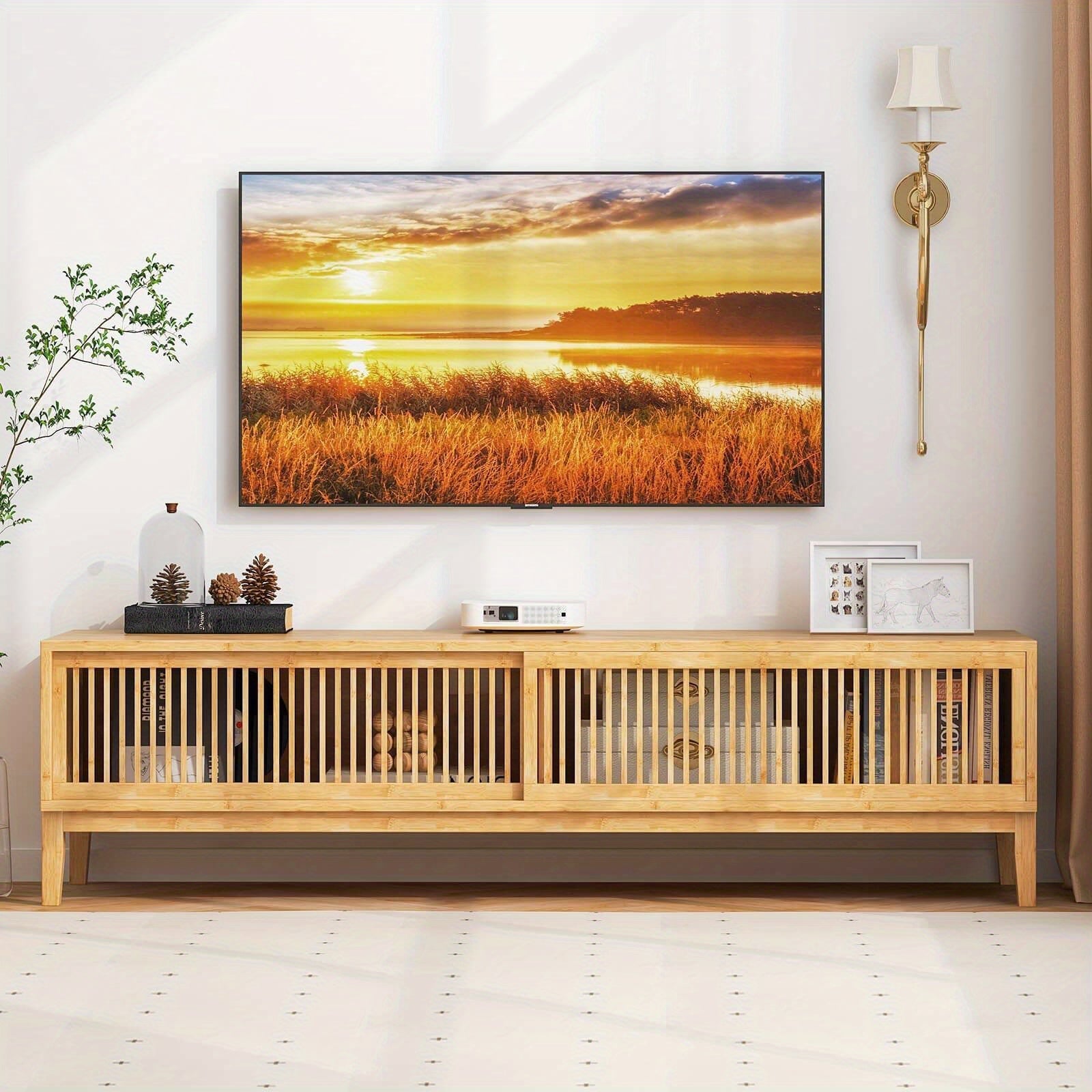 Chic Bamboo TV Stand with Sliding Doors - Holds Up to 65" TV, 5 Cable Holes, Spacious Storage Compartments, Durable & Easy-to-Clean Finish